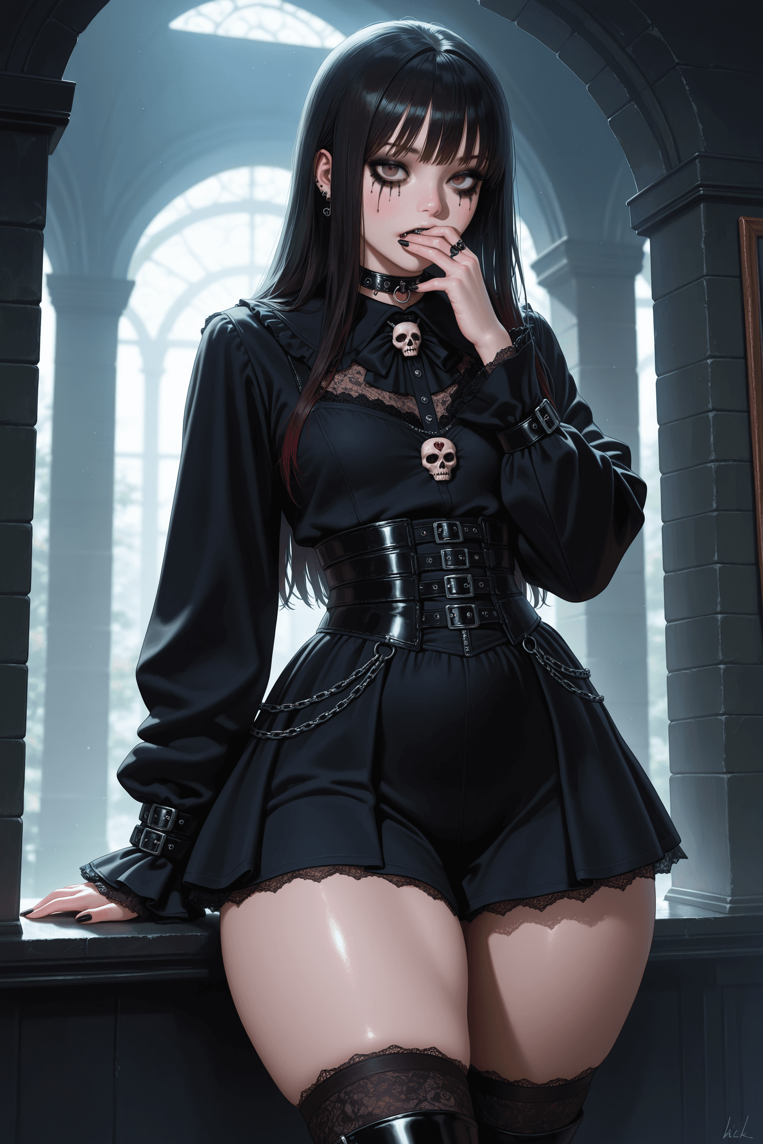 1girl, solo, realistic, goth, gothic, black clothing, dark makeup, thick thighs, okay sign, hand near mouth