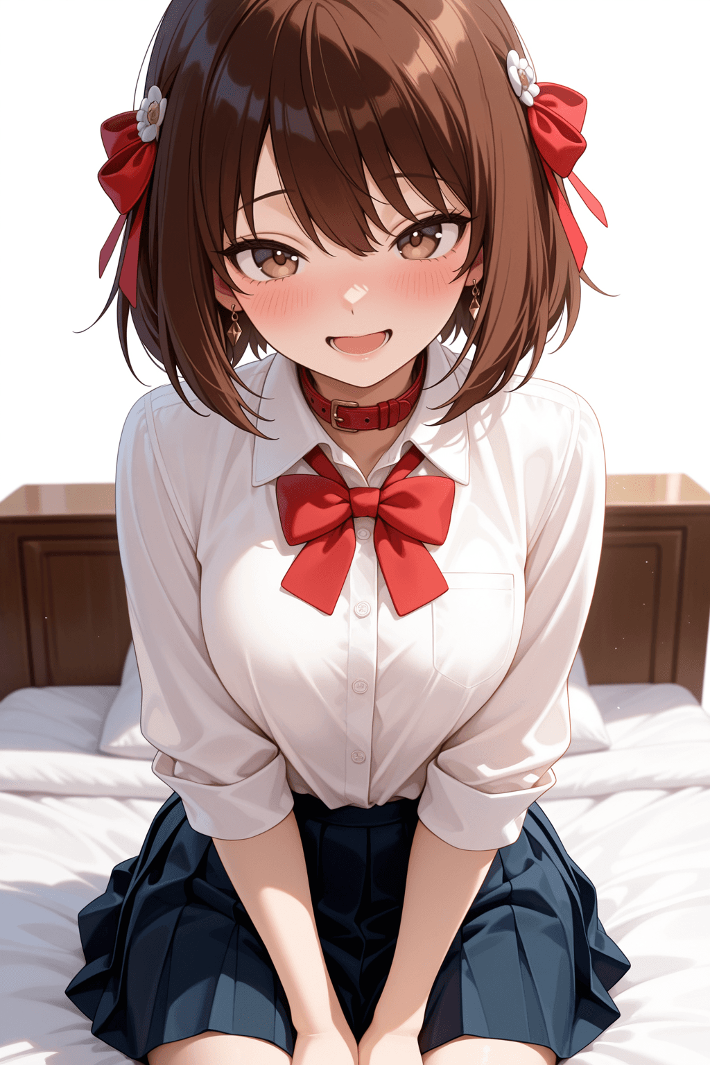 anastasia fey, 1girl, solo, spy x family, brown hair, brown eyes, hair ribbon, bow, short hair, school uniform, pleated skirt, ribbon, looking at viewer, smile, blush, open mouth, soft expression, white shirt, collar, bedroom, bed, sitting, standing, simple background, white background, light, shadow, romantic mood