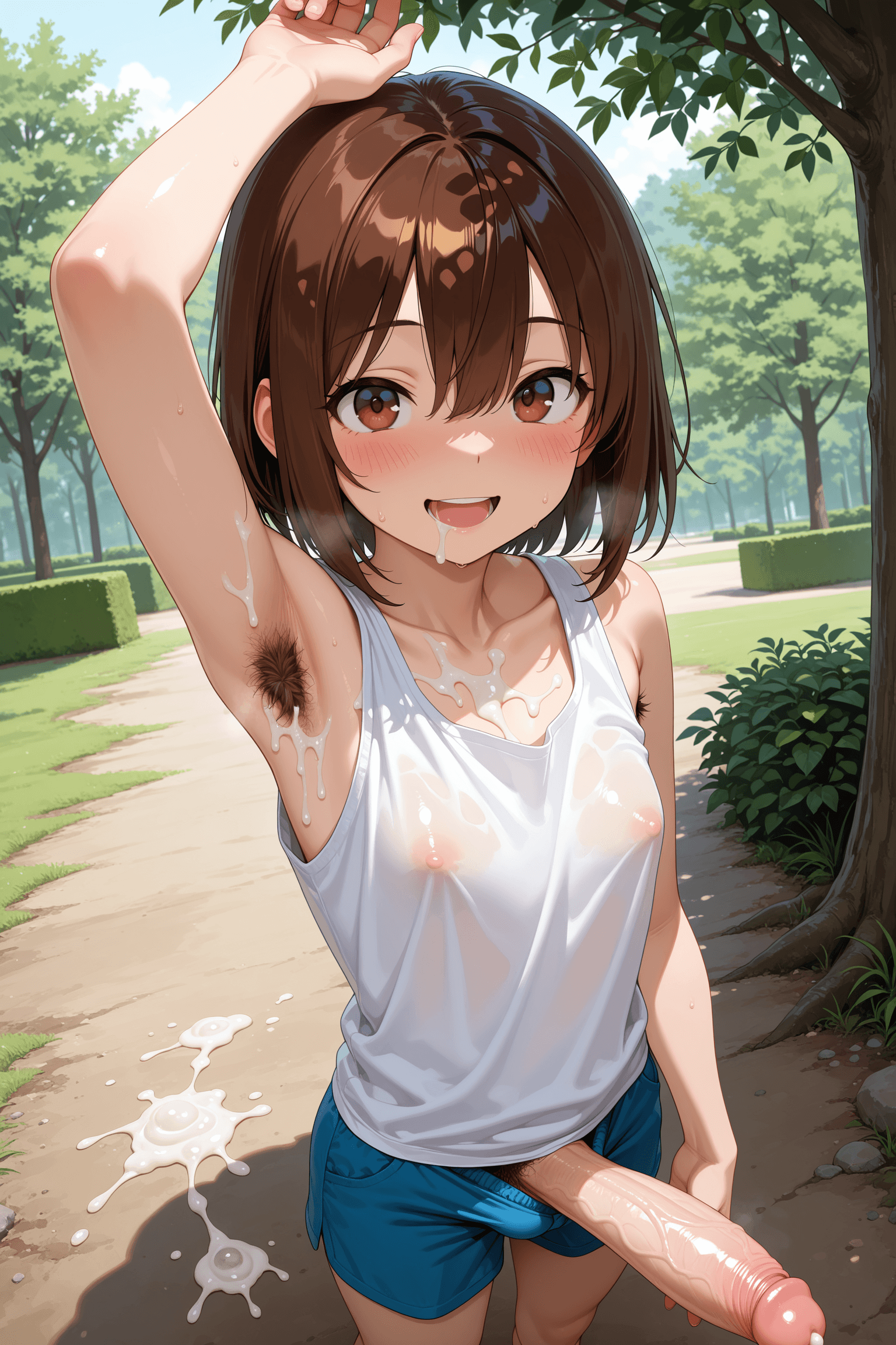solo, 1girl, futanari, female focus, looking at viewer, blush, smile, open mouth, bangs, hair between eyes, brown hair, brown eyes, standing, collarbone, white shirt, tank top, blue shorts, sleeveless, armpits, armpit hair, bare arms, arm up, outdoors, day, tree, big penis, fellatio, semen, semen on body, semen on floor