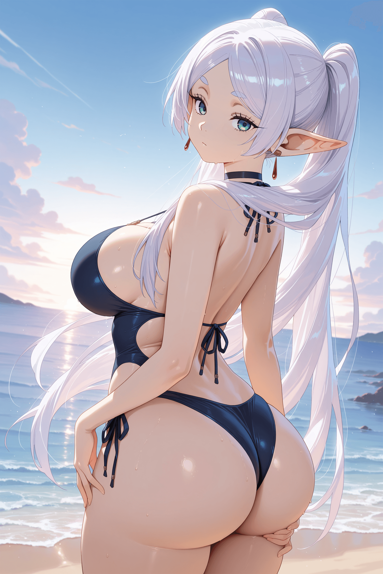 1girl, solo, frieren, sousou no frieren, elf, pointed ears, very long hair, white hair, green eyes, bangs, large breasts, large butt, standing, beach, ocean, sky, outdoors