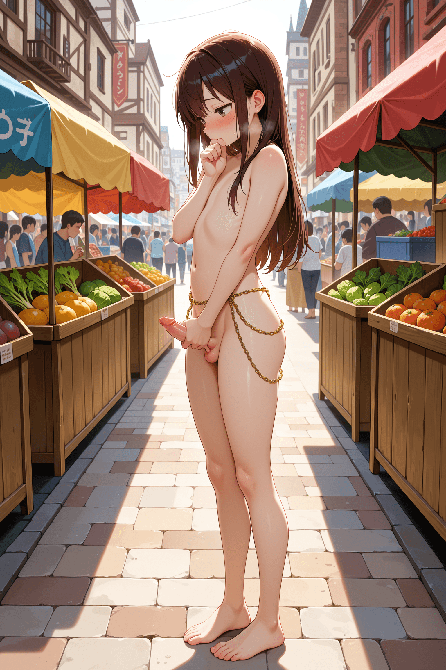 1boy, solo, femboy, nude, bare chest, bare shoulders, bare legs, bare feet, erect penis, small penis, average build, long hair, masturbation, holding own penis, right hand, left hand, hand to mouth, shy, embarrassed, blushing, looking down, vegetables, market, market stall, busy street, outdoors, crowd, buildings, daytime, natural lighting, anime style, waist chain, gold chain