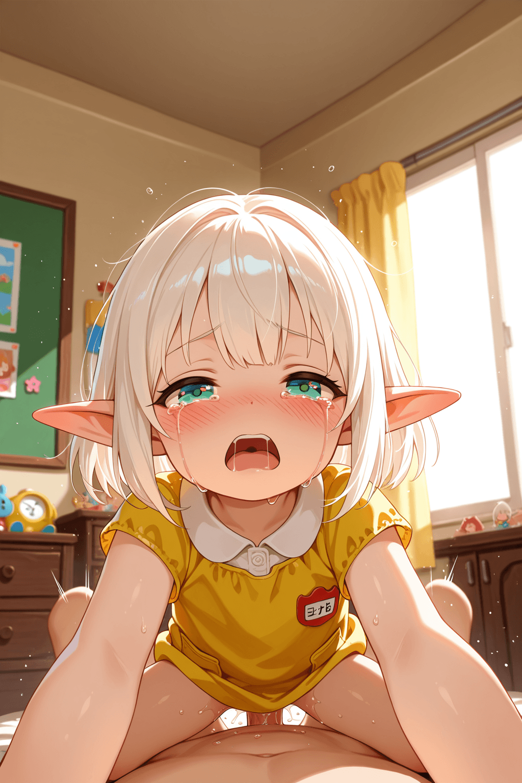 1boy, 1girl, son, young, child, elf, white hair, elf ears, doggy style, son on top, sex, penis, crying, open mouth, tears, blush, upper body, medium shot, dual panels, two panels, indoors, kindergarten