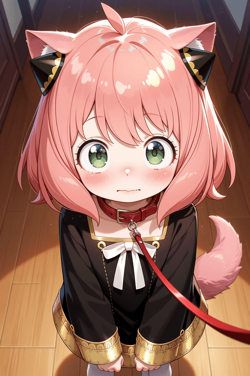 anya forger, spy x family, 1girl, solo, child, kemonomimi, animal ears, tail, pet collar, leash, pink hair, short hair, ahoge, green eyes