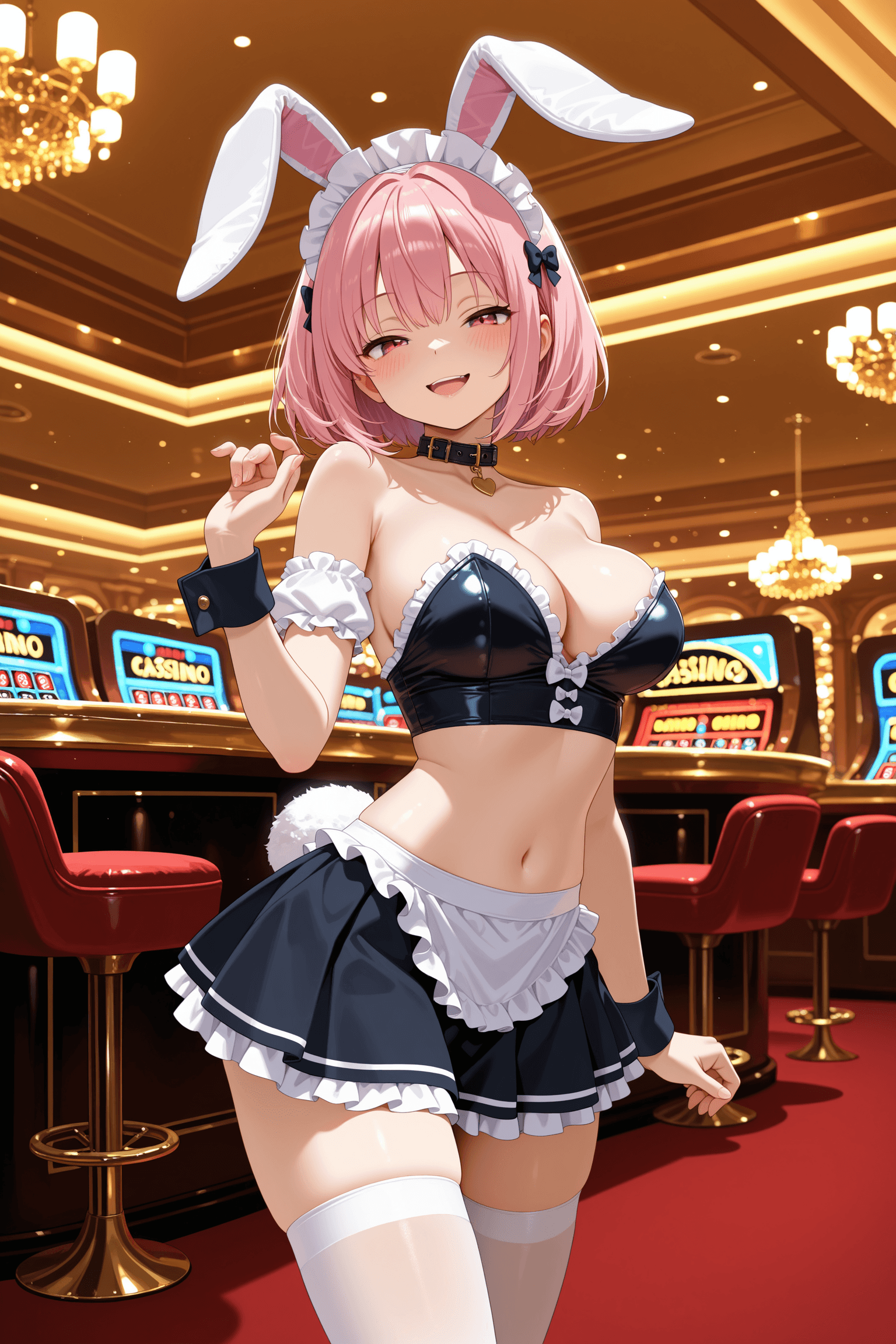 1girl, solo, seductive smile, smile, open mouth, short hair, bunny girl, bunny ears, ears, tail, maid, frills, bow, collar, choker, short skirt, short dress, pleated skirt, thighhighs, black thighhighs, white thighhighs, cleavage, midriff, bare shoulders, full body, cowboy shot, standing, casino, indoors, background, simple background, white background, cute, elegant, detailed, anime style