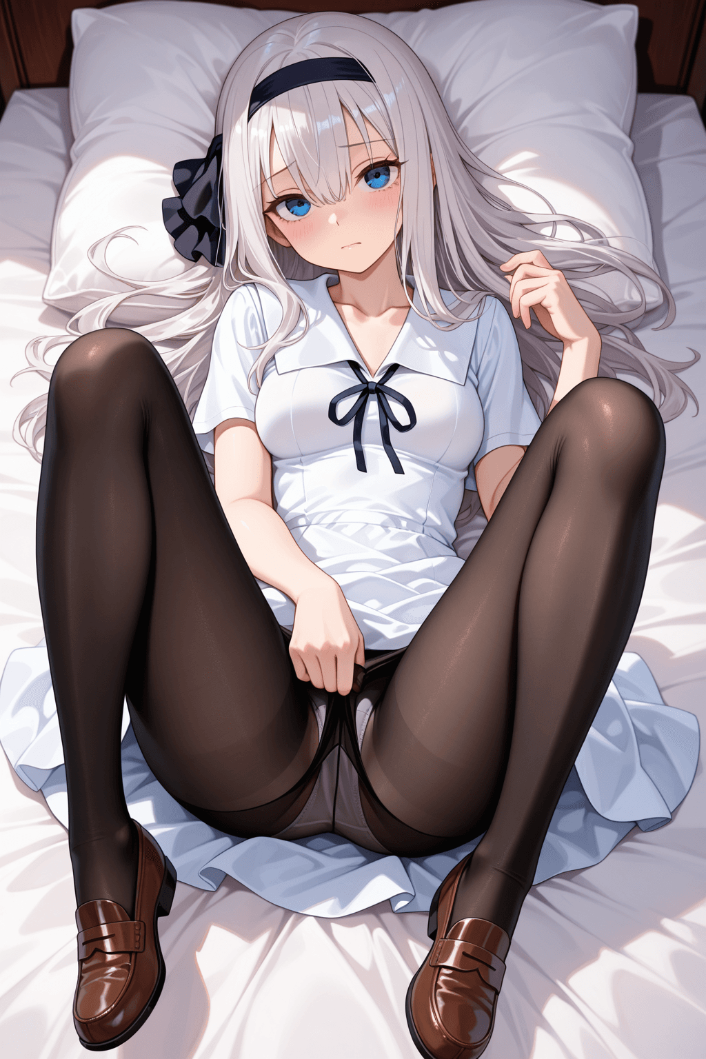 1girl, solo, shuuchiin academy, school uniform, white dress, collared dress, summer uniform, sailor collar, long hair, white hair, grey hair, bangs, hair between eyes, hairband, black hairband, blue eyes, looking at viewer, breasts, collarbone, closed mouth, ribbon, black ribbon, neck ribbon, pantyhose, black pantyhose, removing pantyhose, pantyhose down, shoes, loafers, brown footwear, hand up, lying, on bed, legs up, spread legs, panties, full body
