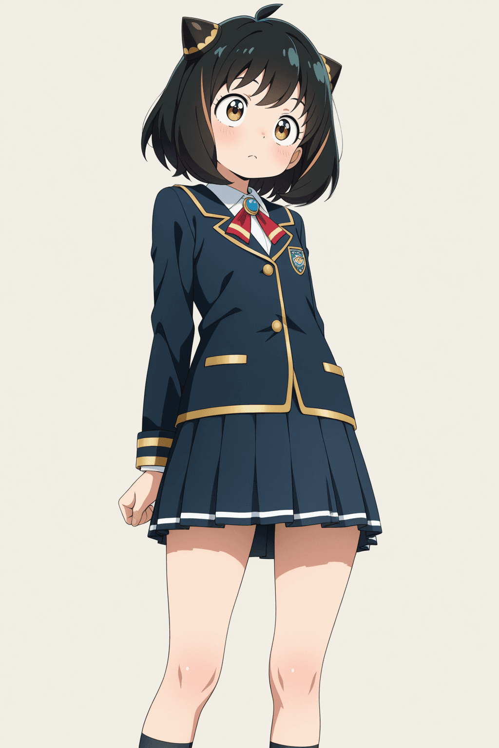 anya, anya forger, solo, 1girl, spymaster, anime style, black hair, brown eyes, short hair, school uniform, pleated skirt, blue eyes, standing, simple background