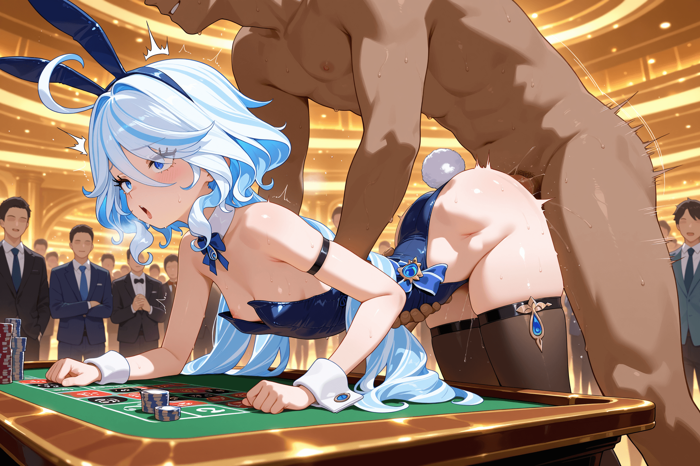 Furina, Genshin Impact, anal, bunny suit, doggy style, crowd, public, in a casino