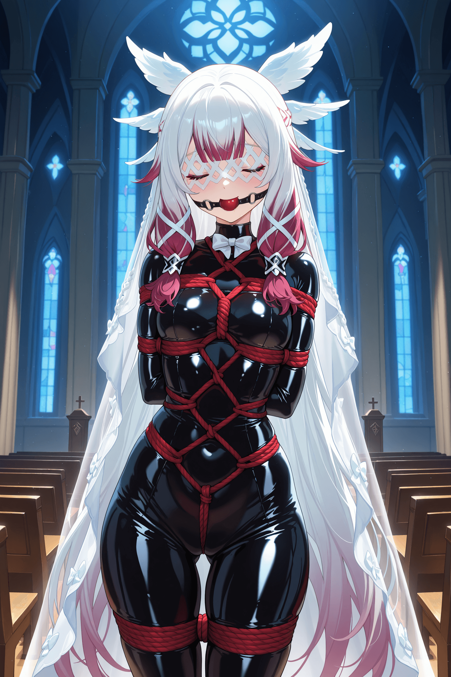 1girl, solo, columbina (genshin impact), genshin impact, white hair, long hair, braid, smile, closed eyes, veil, latex suit, catsuit, bodysuit, latex, gag, ball gag, shibari, rope bondage, bondage, church, night, indoors, dark