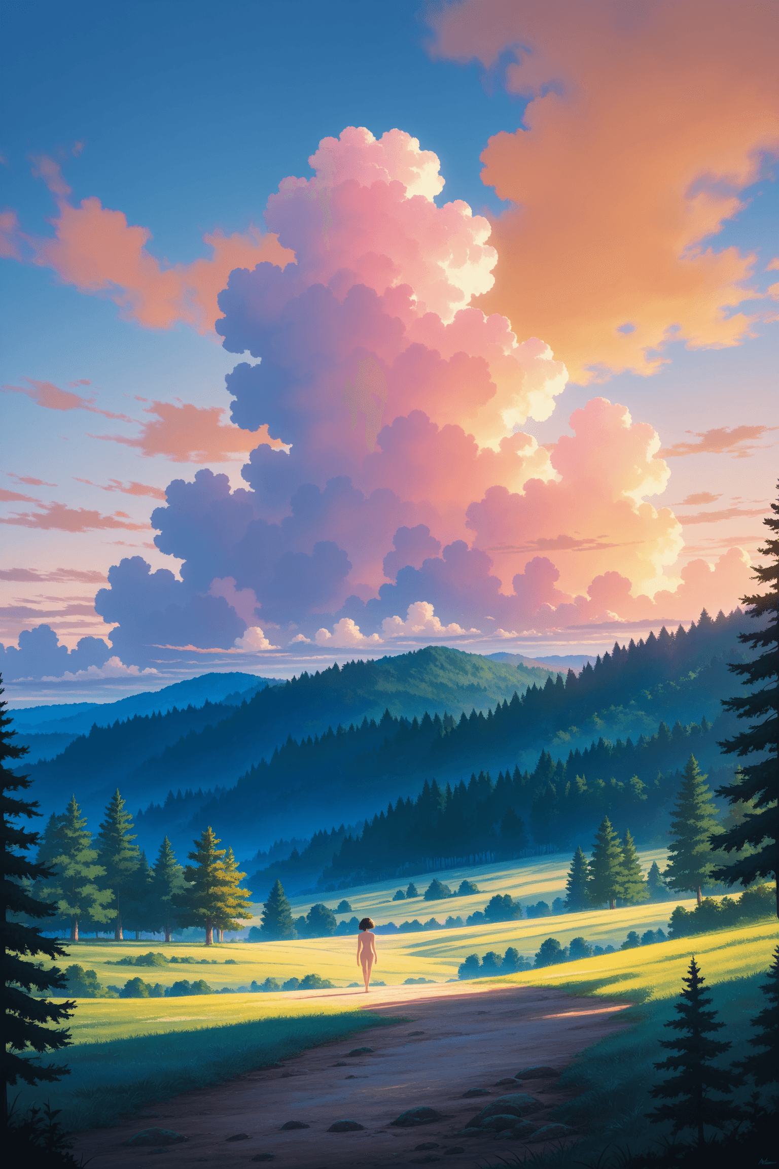 studio ghibli, hayao miyazaki, anime style, painterly, hand-painted, pastel colors, 2d animation, cel animation, erotic, nude, photography, studio lighting, three-point lighting, soft lighting, warm lighting, dramatic lighting, subsurface scattering, sharp focus, deep focus, high fashion, editorial, medium format, forest, clearing, nature, lush scenery, dramatic sky, clouds, sky, sharp shadows, intimate, sensual