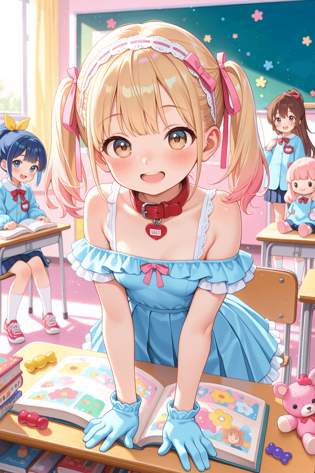 multiple girls, cute clothes, frilled clothes, school uniform, frilled skirt, frilled dress, frills, small breasts, small penis, cute face, smile, open mouth, pink hair, blue hair, blonde hair, brown hair, long hair, short hair, twintails, ponytail, bangs, hair ribbon, hair ornament, headband, gloves, socks, shoes, sneakers, bare shoulders, collar, ribbon, pleated skirt, kindergarten, classroom, bright background, colorful background, toys, plush toys, books, desks, simple background, day, cheerful, pastel colors, soft lighting, upper body, looking at viewer