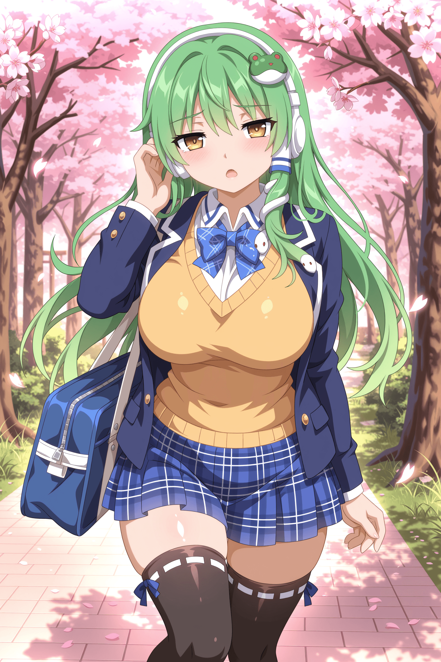 1girl, solo, sanae kochiya, touhou project, green hair, long hair, tucking hair, school uniform, dark blue jacket, blazer, yellow sweater vest, collared shirt, blue bowtie, blue skirt, plaid skirt, black thighhighs, ribbon-trimmed thighhighs, blue bag, white headphones, big breasts, looking at viewer, open mouth, cherry blossoms, sakura tree, trees, outdoors, nature, wanaca