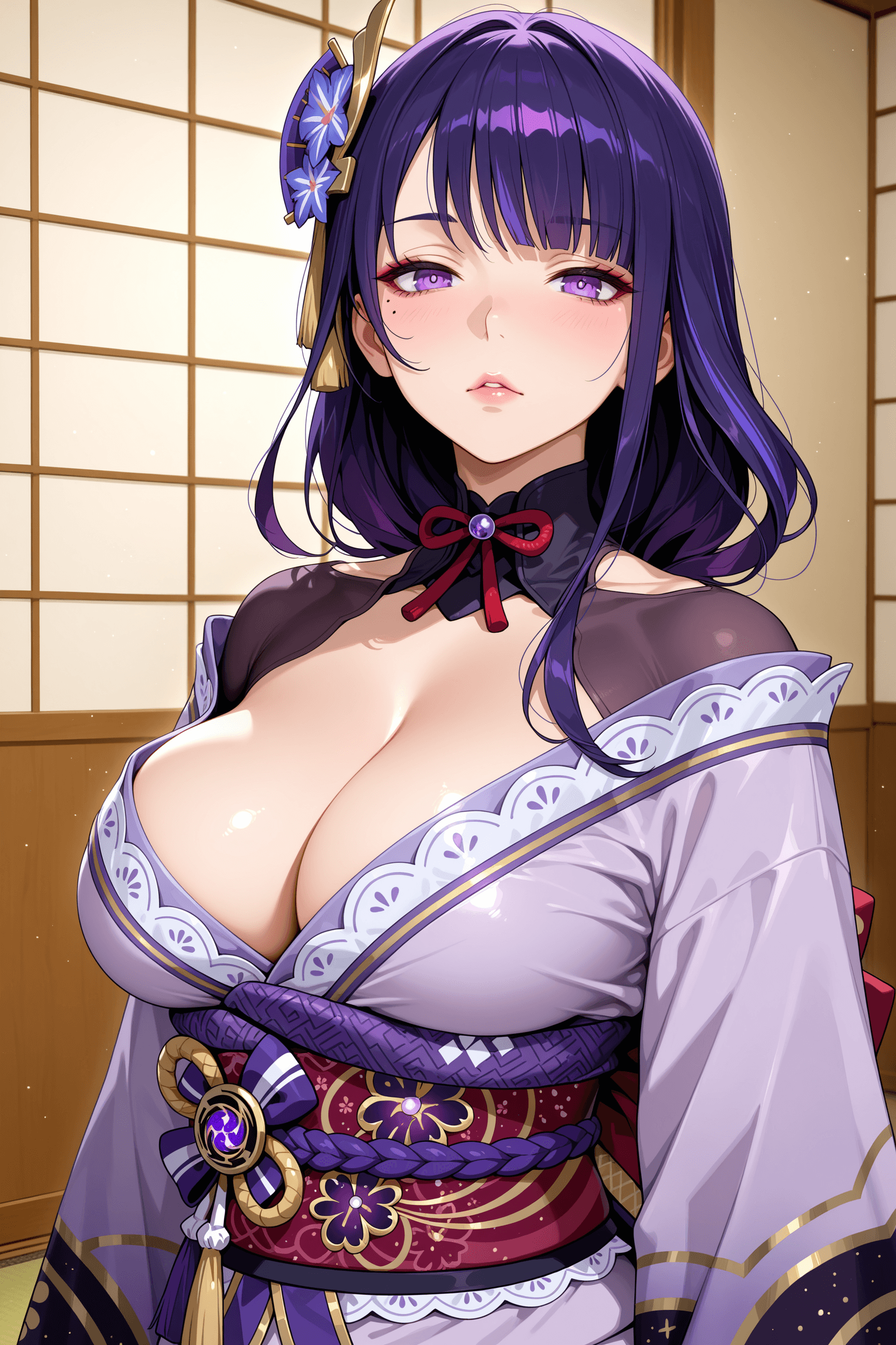 1girl, solo, long hair, breasts, looking at viewer, bangs, large breasts, hair ornament, cleavage, purple eyes, purple hair, flower, japanese clothes, kimono, mole, lips, sash, cosplay, mole under eye, parody, obi, meme, purple kimono, obijime, obiage, raiden shogun