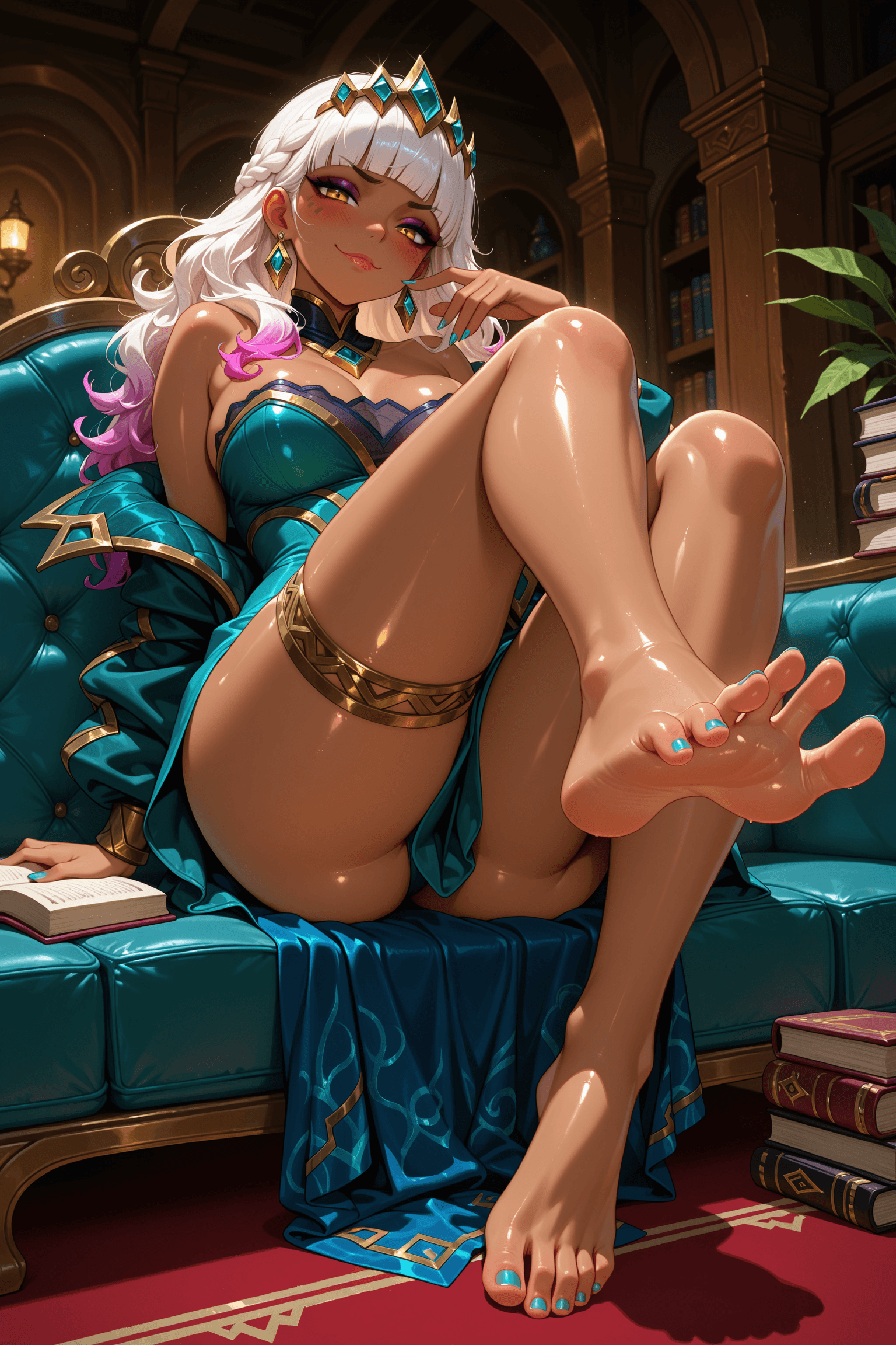 1girl, solo, qiyana, league of legends, white hair, long hair, wavy hair, braid, bangs, blunt bangs, hair ornament, tiara, yellow eyes, looking at viewer, arrogant, smug, blush, closed mouth, large breasts, breasts, ass, dark skin, dark-skinned female, shiny, shiny skin, dress, strapless, off shoulder, bare shoulders, open clothes, jacket, long sleeves, jewelry, earrings, bare legs, legs, feet, soles, toes, barefoot, spread toes, nail polish, toenails, toenail polish, foot focus, thigh strap, thighlet, sitting, full body, foreshortening, book, book stack, couch, indoors, makeup, lips