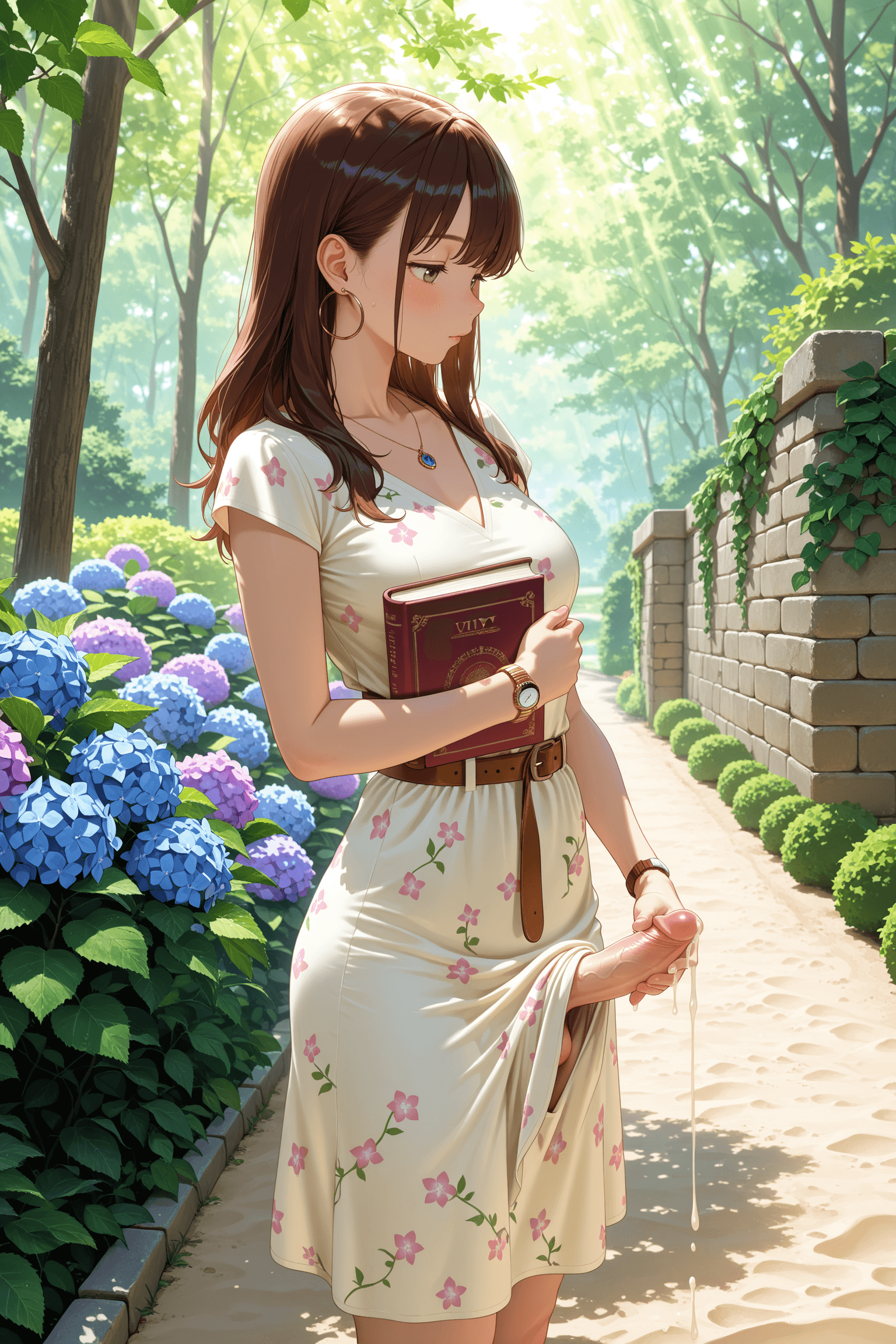 1girl, solo, futanari, standing, small penis, penis, erection, cum, dripping, cream dress, wrap dress, v-neck, floral print, short sleeves, belt, brown belt, clothed, holding book, book, necklace, pendant, hoop earrings, wristwatch, bracelet, garden, path, sand, stone wall, ivy, hydrangea, bush, greenery, tree, sunlight, soft lighting, outdoors, day, summer