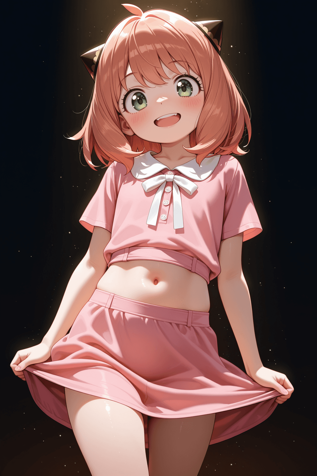 1girl, solo, anya forger, spy x family, medium hair, brown hair, bob cut, bangs, green eyes, blush, smile, open mouth, tongue, dress, pink dress, white collar, bow, short sleeves, thighs, navel, midriff, looking at viewer, standing, simple background, soft lighting