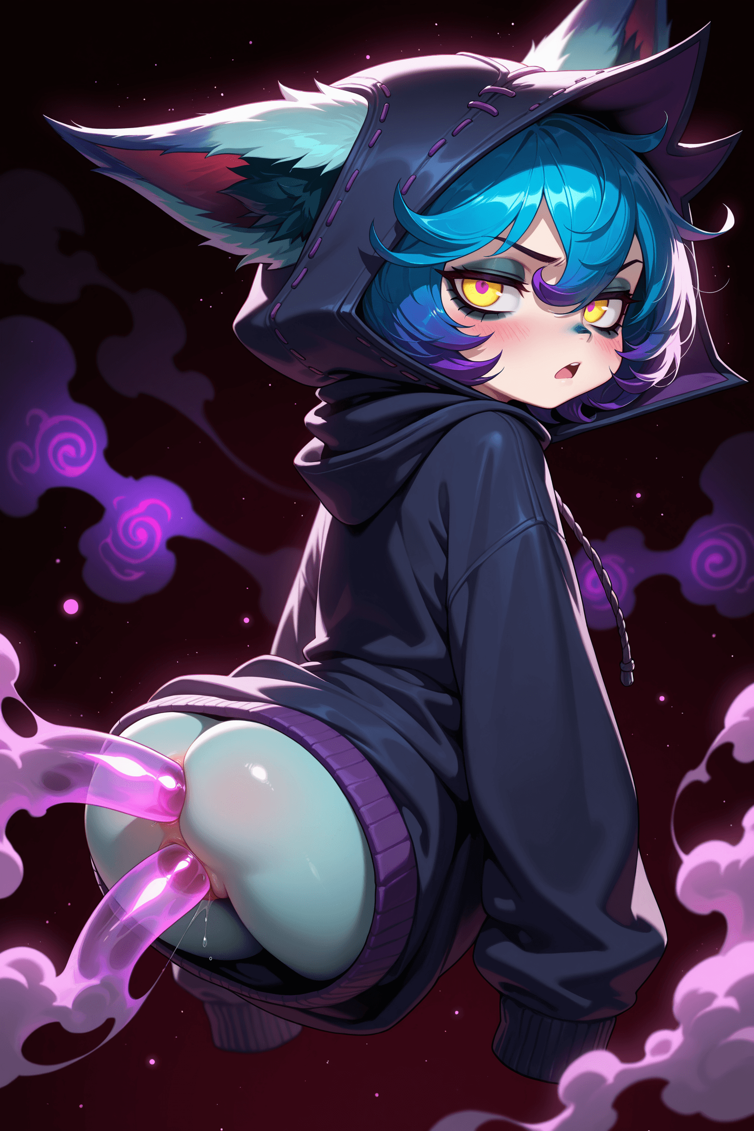 solo, 1girl, vex (league of legends), yordle, small body, short hair, violet hair, yellow eyes, glowing eyes, dark circles, blue fur, pointed ears, oversized clothing, purple hoodie, black hoodie, hood up, long sleeves, turned around, looking at viewer, looking back, bored expression, grumpy, orgasm, blush, open mouth, anal, vaginal, penetration, double penetration, shadow, smoke, purple smoke, semi-transparent, cyan eyes, floating, magic particles, glowing particles, dark background, gloomy, portrait, upper body