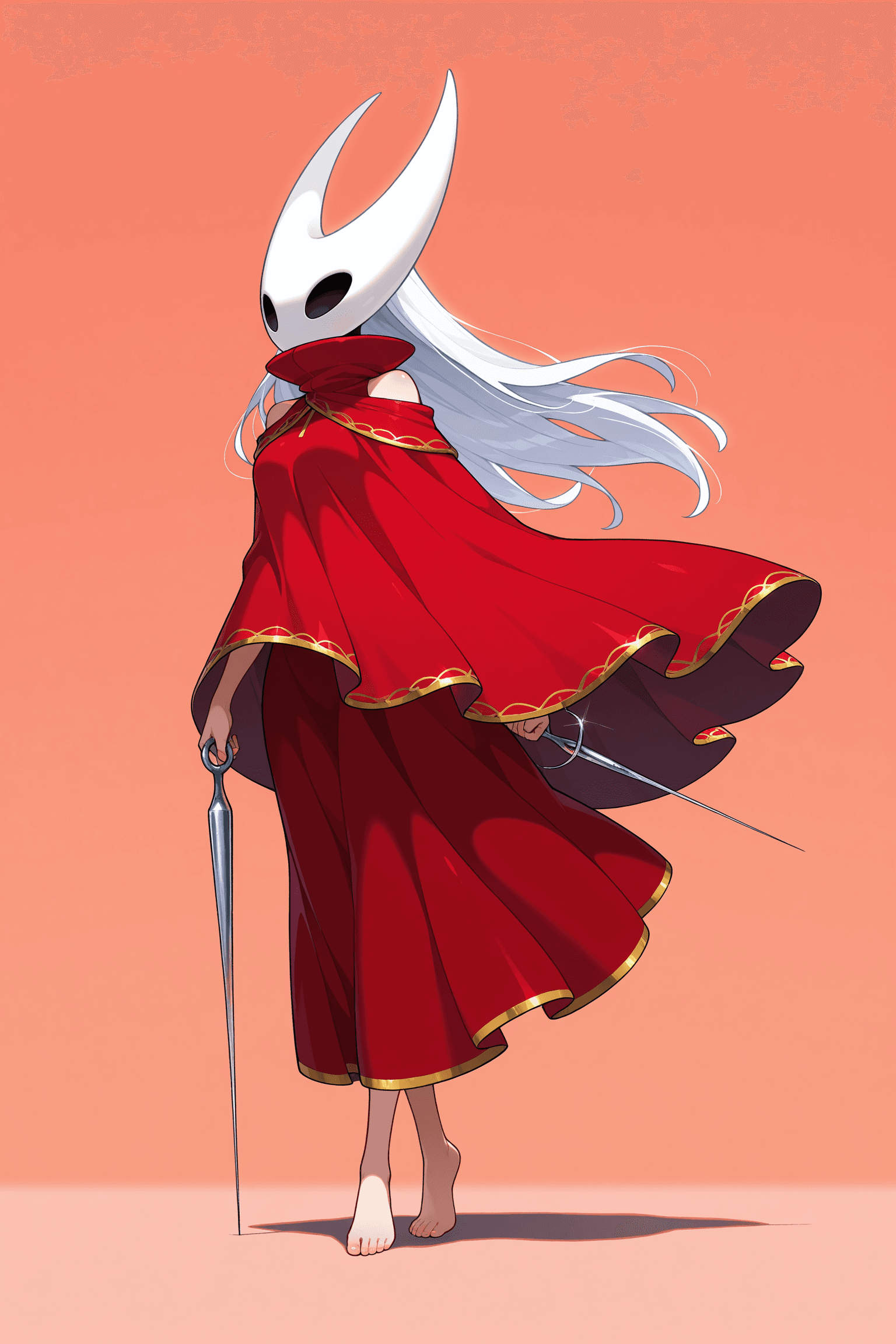 1girl, solo, hornet (hollow knight), hollow knight (game), insectoid, mask, black eyes, long hair, white hair, red cloak, cape, gold trim, bare shoulders, red dress, barefoot, standing, holding, needle, simple background
