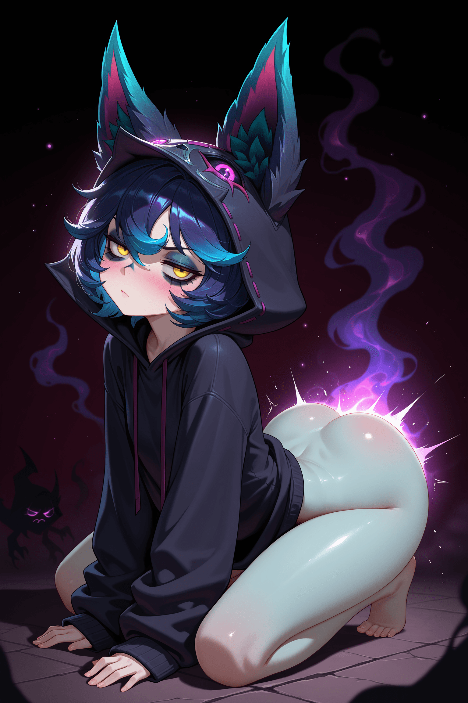 1girl, solo, female, vex (league of legends), shadow (league of legends), petite, short hair, dark blue hair, violet hair, light blue skin, fur, yellow eyes, glowing eyes, heavy eye bags, oversized clothing, hoodie, dark purple hoodie, black hoodie, gothic clothing, oversized sleeves, hood up, doggy style, sex, rough sex, from behind, crawling, kneeling, arched back, hands on ground, bare ass, thighs, knees, bored expression, grumpy expression, uninterested expression, blushing, flustered expression, half-closed eyes, shadow, semi-transparent, smoke, glowing cyan eyes, dark purple aura, floating, hovering, behind, mischievous expression, dark background, gloomy atmosphere, magic particles, dim lighting, cinematic lighting, high fantasy
