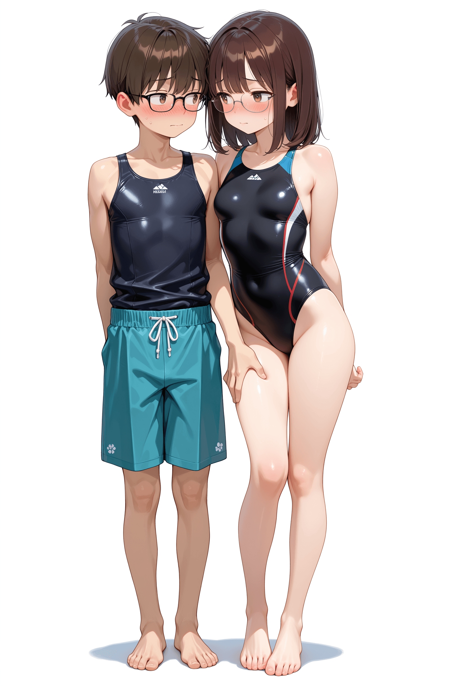 1girl, 1boy, younger brother, older sister, brown hair, medium hair, short hair, bangs, glasses, closed mouth, collarbone, breasts, small breasts, bare shoulders, bare arms, bare legs, feet, toes, legs, full body, standing, arms behind back, black one-piece swimsuit, highleg swimsuit, competition swimsuit, swimsuit, white background, simple background, swim trunks, blush, nose blush, embarrassed, looking away, hand on thigh, touching, thigh, side by side, incest