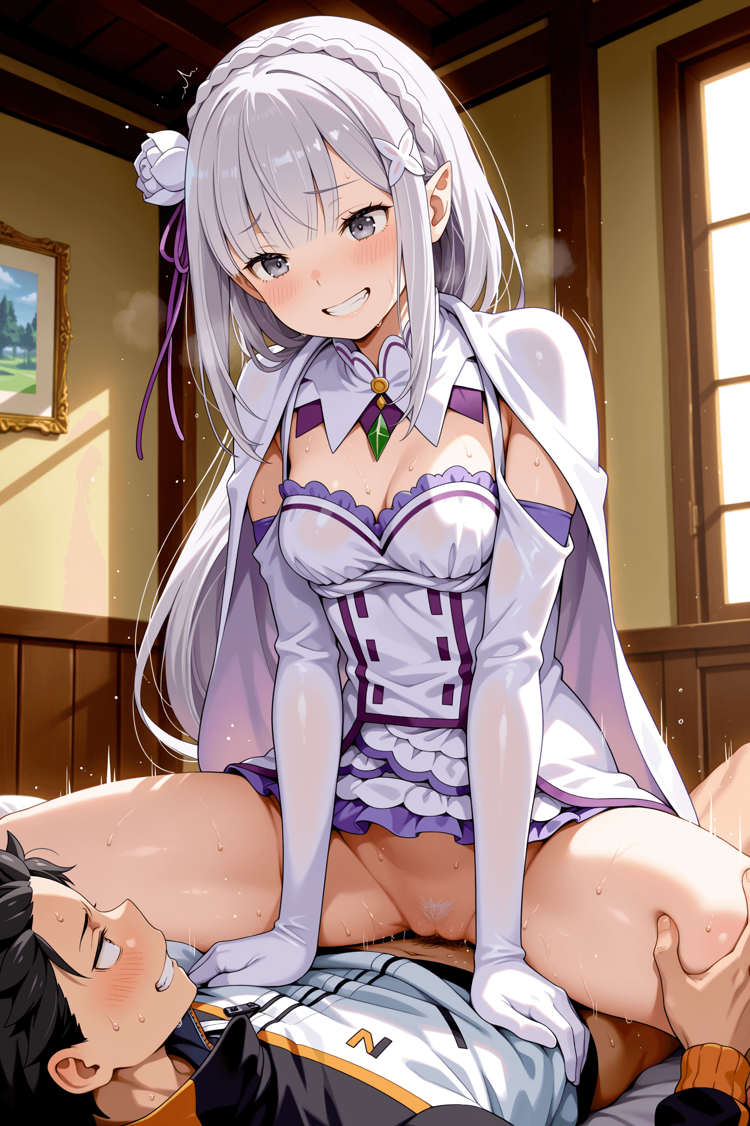 1girl, 1boy, emilia (re:zero), natsuki subaru, re:zero kara hajimeru isekai seikatsu, hetero, sex, cowgirl position, on top, male on bottom, lying, spread legs, bottomless, sparse pubic hair, pubic hair, clothed sex, white dress, purple dress, white cape, white gloves, elbow gloves, long sleeves, hair ribbon, long hair, silver hair, purple eyes, elf ears, breasts, small breasts, blush, grin, clenched teeth, teeth, sweat, tracksuit, track jacket, detached sleeves, short hair, black hair, indoors