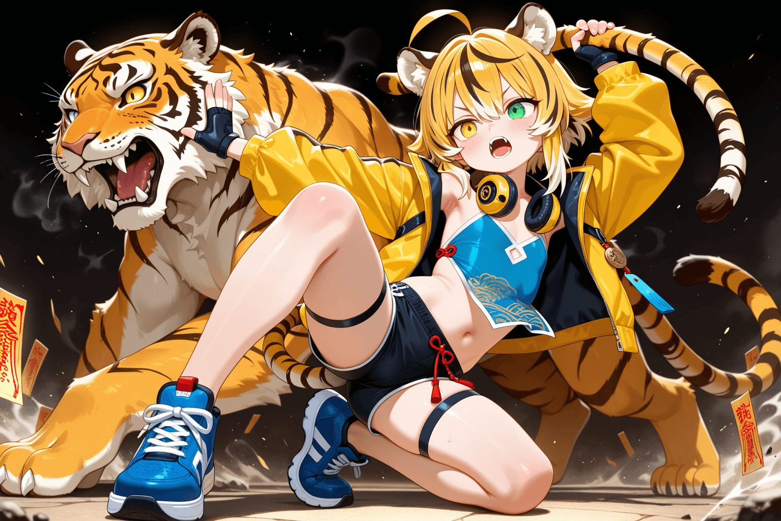 1girl, solo, tiger ears, tiger tail, blonde hair, multicolored hair, green eyes, yellow eyes, heterochromia, fangs, loli, flat chest, chinese clothes, yellow jacket, black shorts, fingerless gloves, thigh strap, mechanical tiger, fighting stance, holding tail, blue sneakers, talisman around neck.