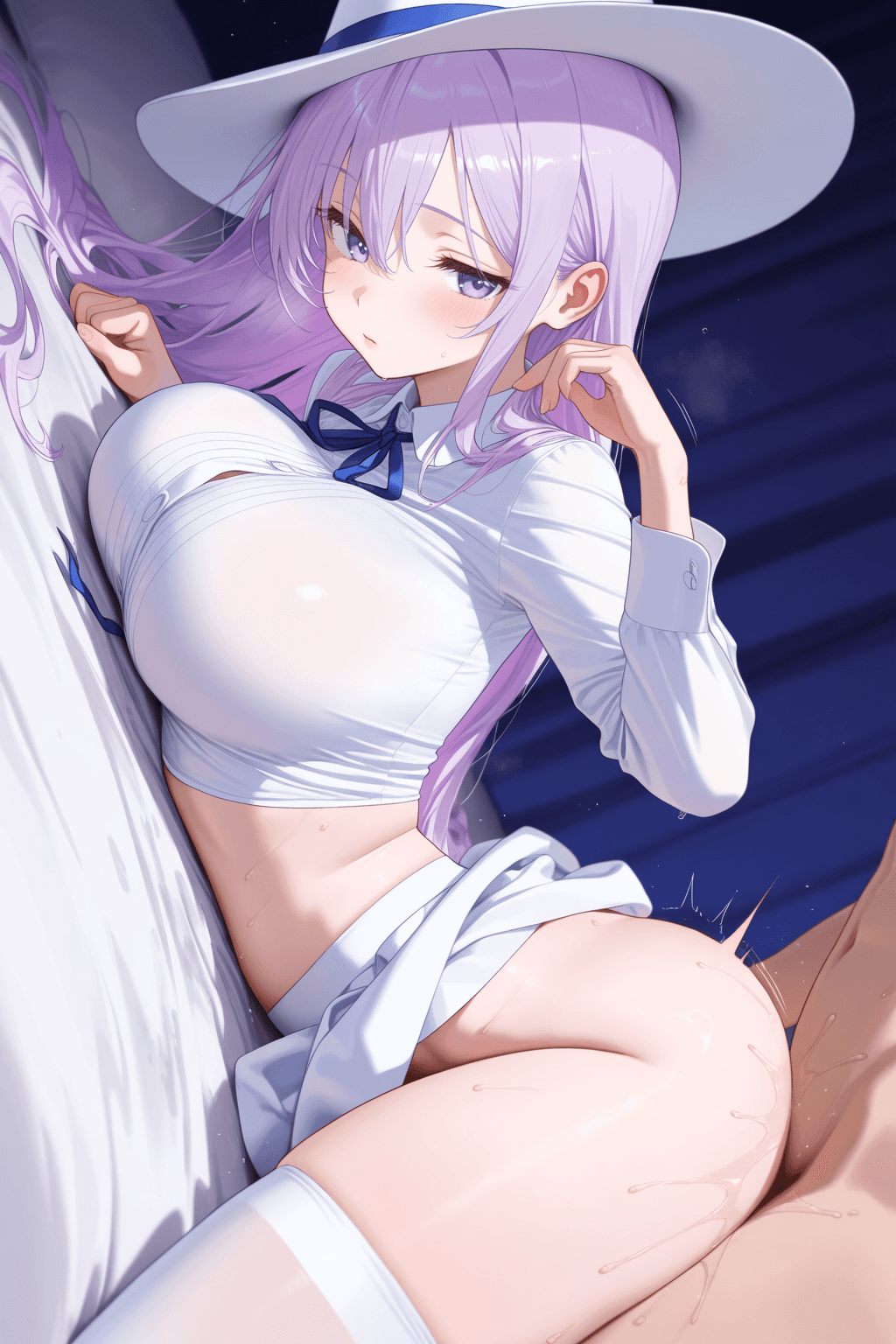 1girl, solo, lilac hair, long hair, violet eyes, large breasts, slim waist, white shirt, shirt, white skirt, skirt, white thighhighs, thighhighs, white fedora, fedora, blue ribbon, prone sex, sex, lying, prone