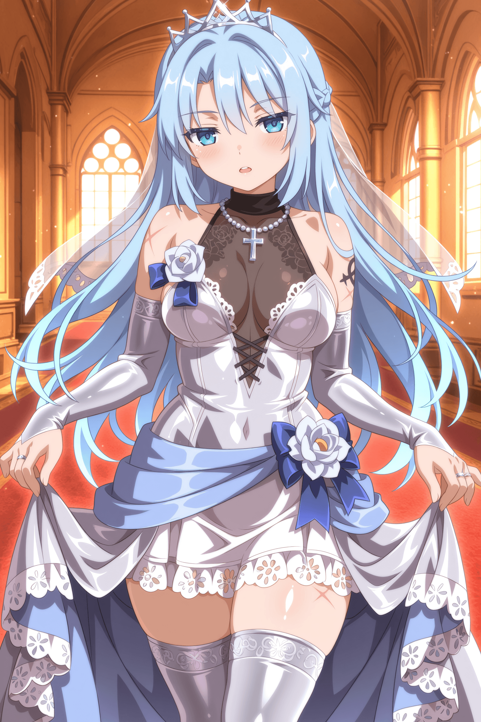 1girl, solo, princess, silver-blue hair, colored eyelashes, light blue eyes, medium breasts, high-low dress, turtleneck dress, two-tone dress, white dress, silver dress, layered dress, lace-trimmed dress, halter dress, cross-laced dress, see-through cleavage, zettai ryouiki, corsage, silver thighhighs, thighhighs, elbow gloves, silver gloves, silver necklace, necklace, silver tiara, tiara, wedding ring, ring, scars, tattoos, expressionless, looking at viewer, visible teeth, indoors, room, palace, wanaca