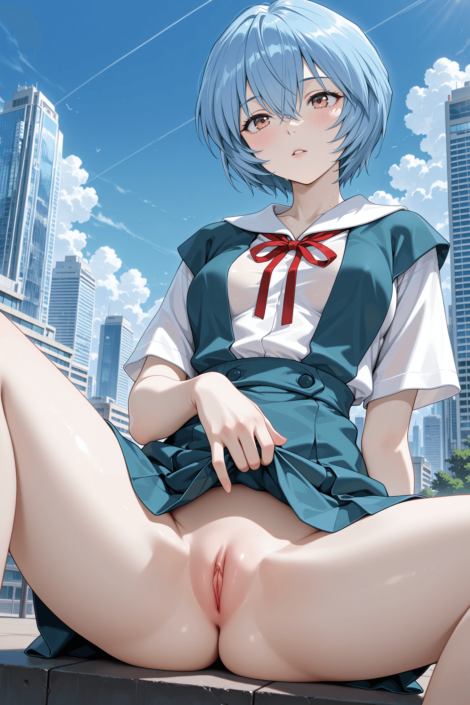 ayanami rei, 1girl, solo, blue hair, short hair, blue eyes, red ribbon, hair between eyes, bangs, pale skin, breasts, shirt, white shirt, suspenders, suspender skirt, blue skirt, school uniform, sitting, spread legs, parted lips, pussy, no panties, ass visible through thighs, uncensored, skirt lift, clothes lift, lifted by self, hand on own skirt, outdoor, city, building, skyscraper, sky, blue sky, cloud