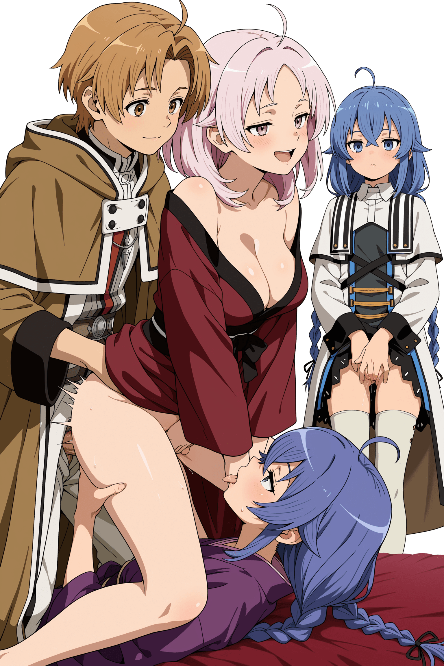 1boy, 3girls, 1boy, 3girls, solo, mushoku tensei, rudeus greyrat, sylphiette, zenith greyrat, roxy migurdia, brown hair, blue hair, purple hair, pink hair, brown eyes, blue eyes, purple eyes, short hair, mage robes, kimono, school uniform, dress, long hair, medium hair, short hair, short hair, short hair, standing, standing, sitting, lying, thrusting, riding, cunnilingus, licking, blowjob, masturbation, masturbating, hand in pussy, hand in vagina, fingers in pussy, penis, pussy, breasts, cleavage, large breasts, small breasts, thighhighs, bare legs, hands, looking, open mouth, serious, expressionless, smiling, simple background, white background, soft lighting, soft shadows, detailed, anime style