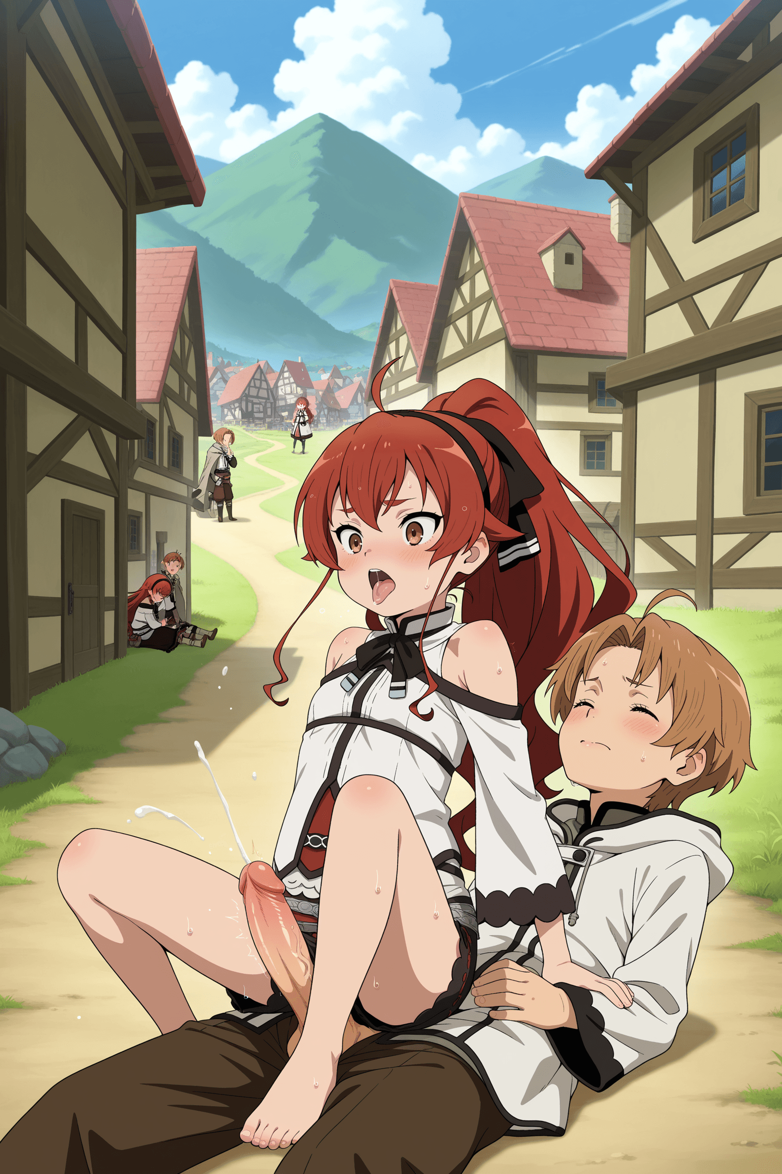 1girl, 1boy, greyrat eris, eris boreas greyrat, rudeus greyrat, mushoku tensei, jobless reincarnation, loli, shota, red hair, blue eyes, ponytail, short hair, brown hair, riding penis, penis riding, sitting, erection, erect penis, orgasm, climaxing, moaning, eyes closed, tongue out, blush, sweat, village, outdoors, day, building, houses, path, scenery, anime style, 2d