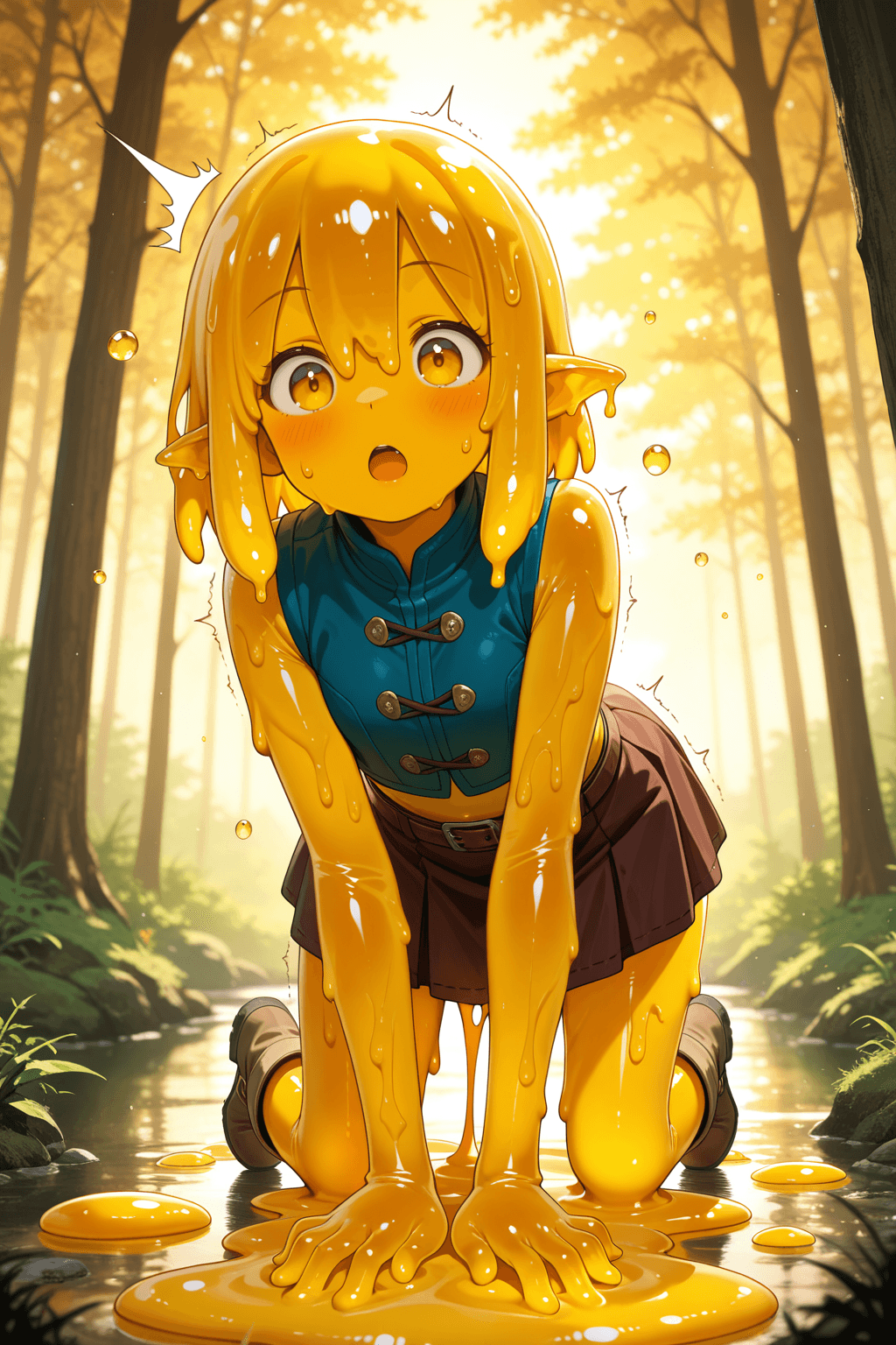 femboy, solo, pointy ears, surprised expression, open mouth, front view, all fours, on all fours, trembling body, slime, slime girl, slime penetration, slime rape, slimy body, slime-covered, slimy skin, sticky skin, water droplets, skirt, short boots, forest clearing, evening, warm light, soft lighting, fantasy