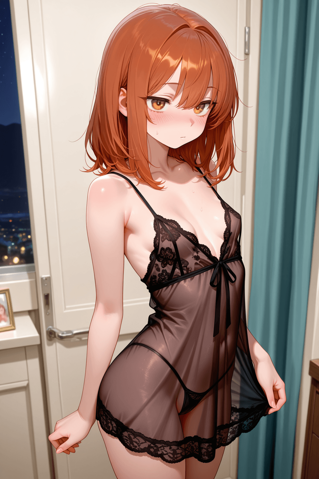 1girl, solo, petite, small breasts, chestnut hair, medium hair, nightgown, black lace, thong