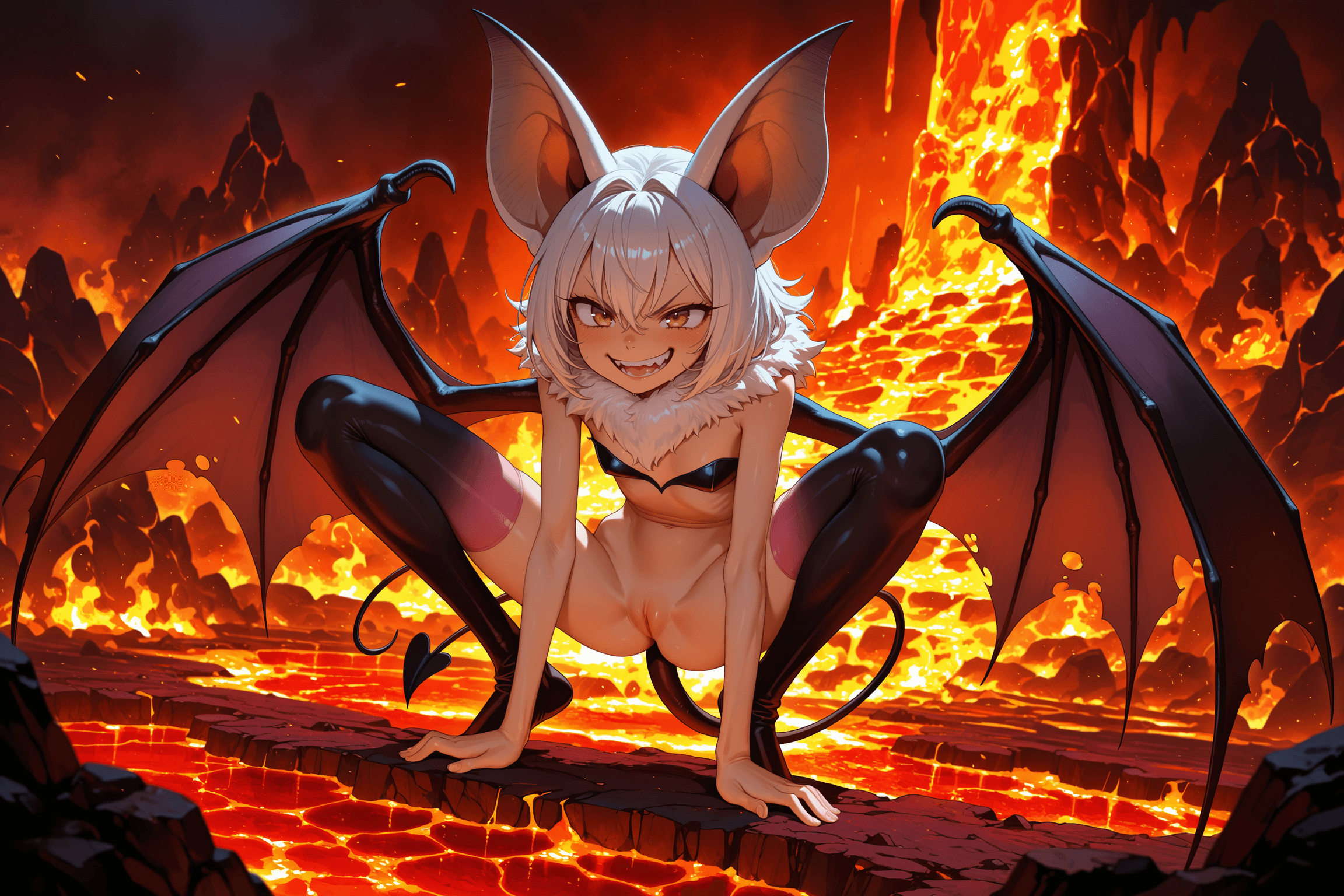 1girl, solo, bat girl, animal ears, bat ears, bat wings, wings, tail, fur, skinny, slim, squatting, spread legs, pussy, angry, grin, smirk, open mouth, fang, sharp teeth, hell, lava, fire, background