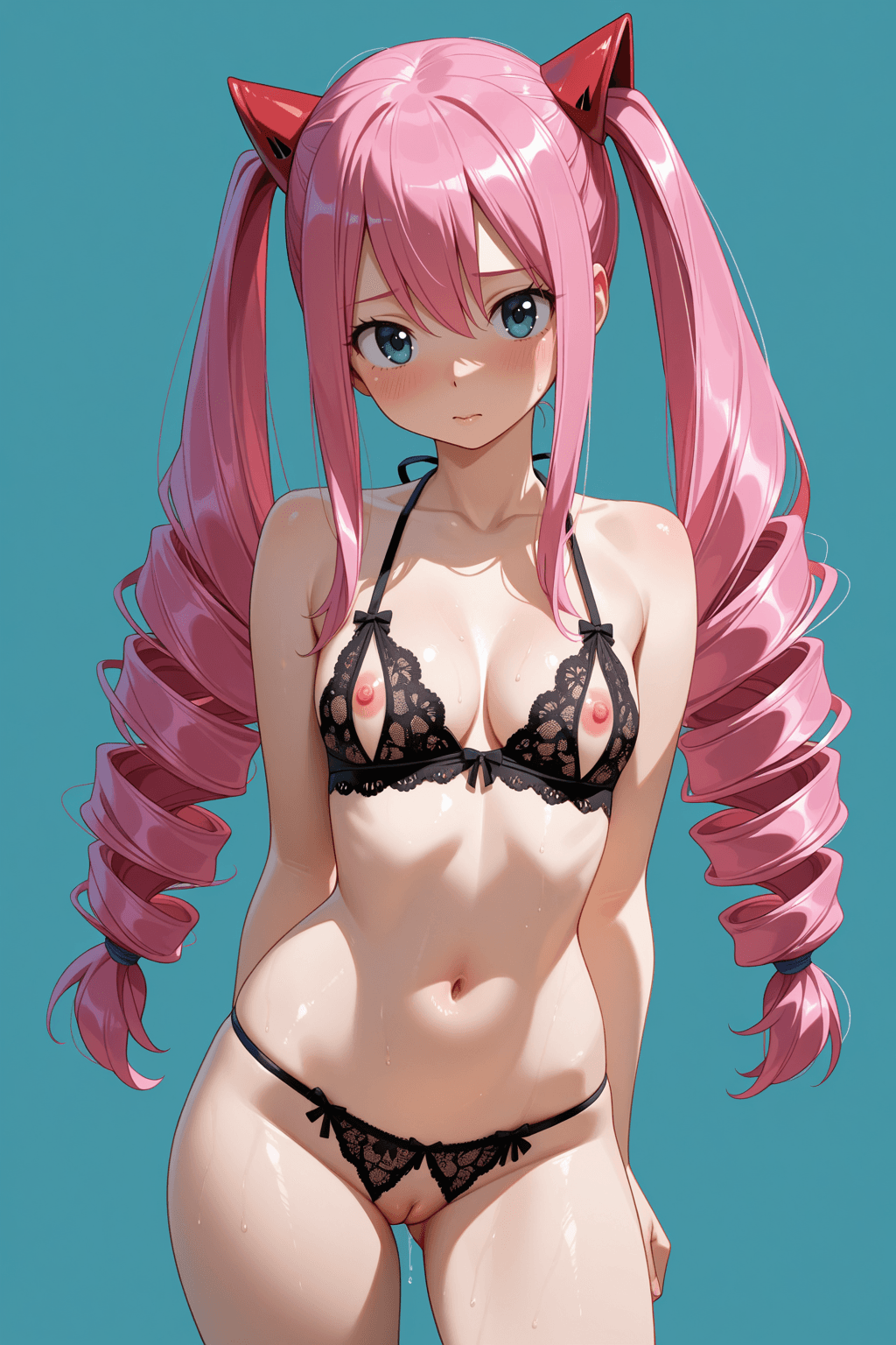 1girl, solo, wendy marvell, fairy tail, pink hair, long hair, twin drills, bangs, blue eyes, lace bra, lace panties, bikini panties, nipples, nipple outline, cleavage, midriff, navel, bare shoulders, slut outfit, standing, looking at viewer, simple background, pussy leak, leaking