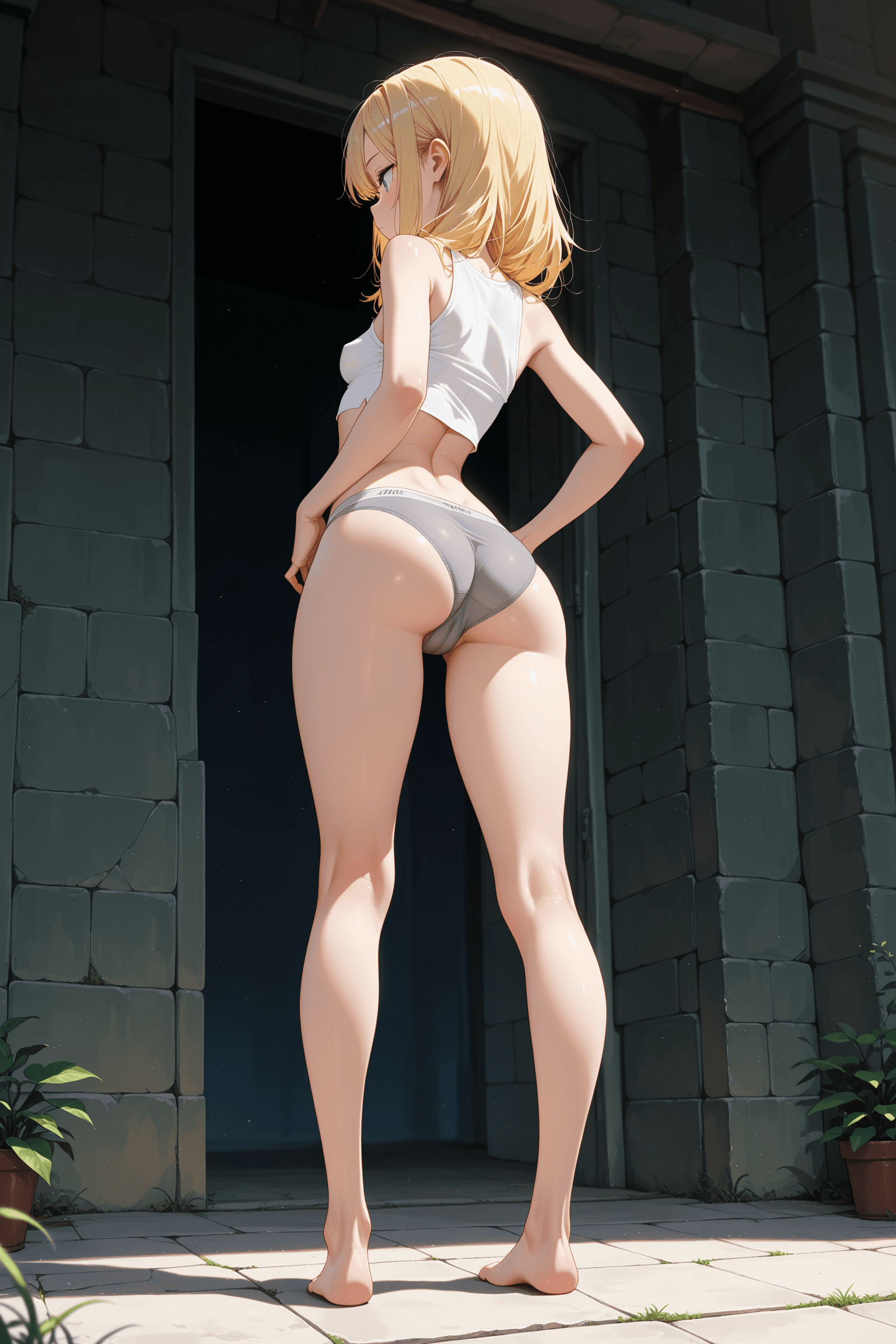 1girl, solo, blonde hair, tall, long legs, small breasts, flat ass, narrow hips, white crop top, midriff, panties, grey panties, cameltoe, full body