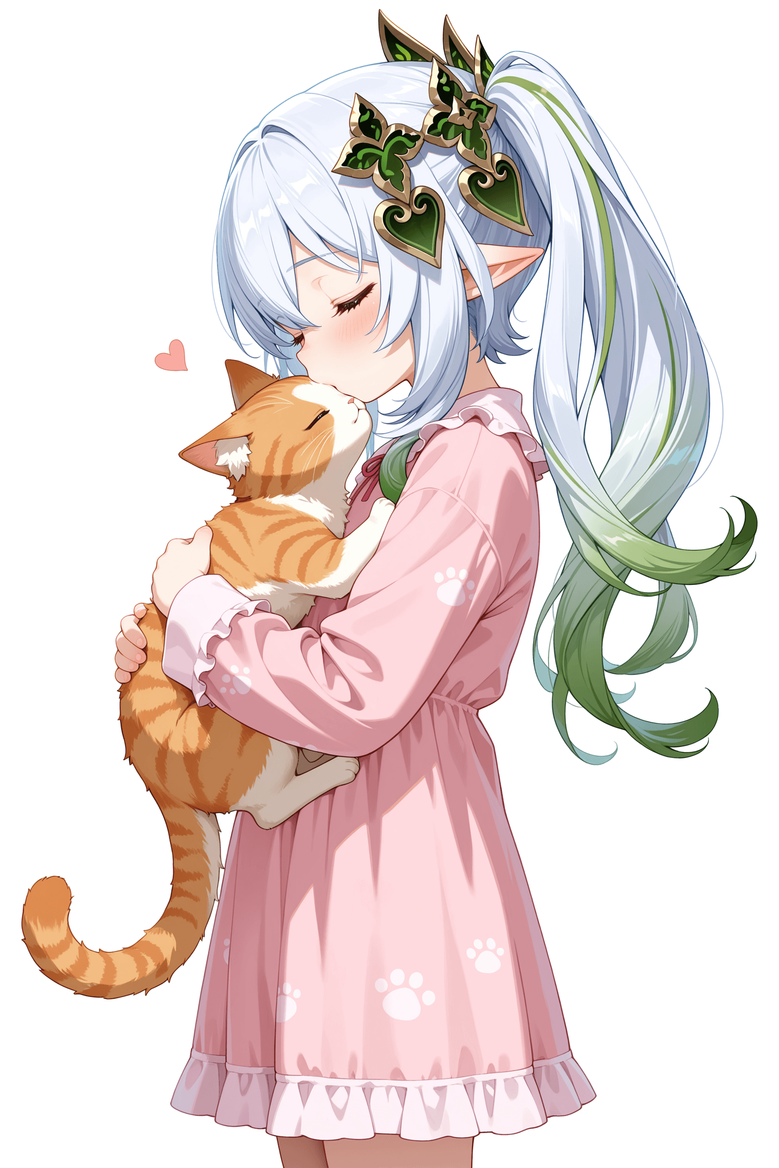 1girl, solo, long hair, blush, bangs, simple background, hair ornament, long sleeves, white background, dress, holding, closed eyes, white hair, sidelocks, multicolored hair, cowboy shot, frills, green hair, alternate costume, pointy ears, side ponytail, from side, gradient hair, animal, cat, pajamas, female child, holding animal, animal hug, pink pajamas, nahida \(genshin impact\)