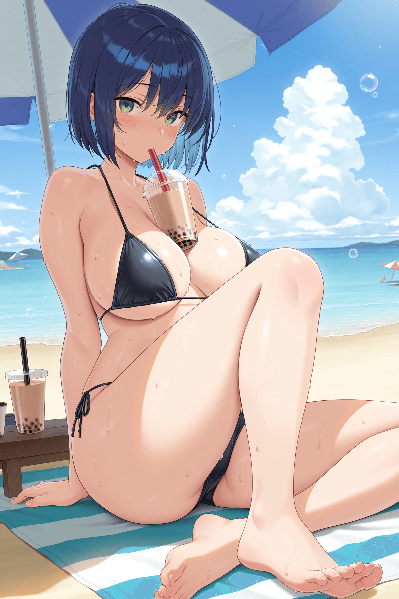 1girl, solo, breasts, looking at viewer, blush, short hair, large breasts, sitting, green eyes, blue hair, swimsuit, bikini, sweat, outdoors, barefoot, day, cloud, feet, cup, black bikini, ocean, umbrella, beach, drinking straw, beach umbrella, bubble tea