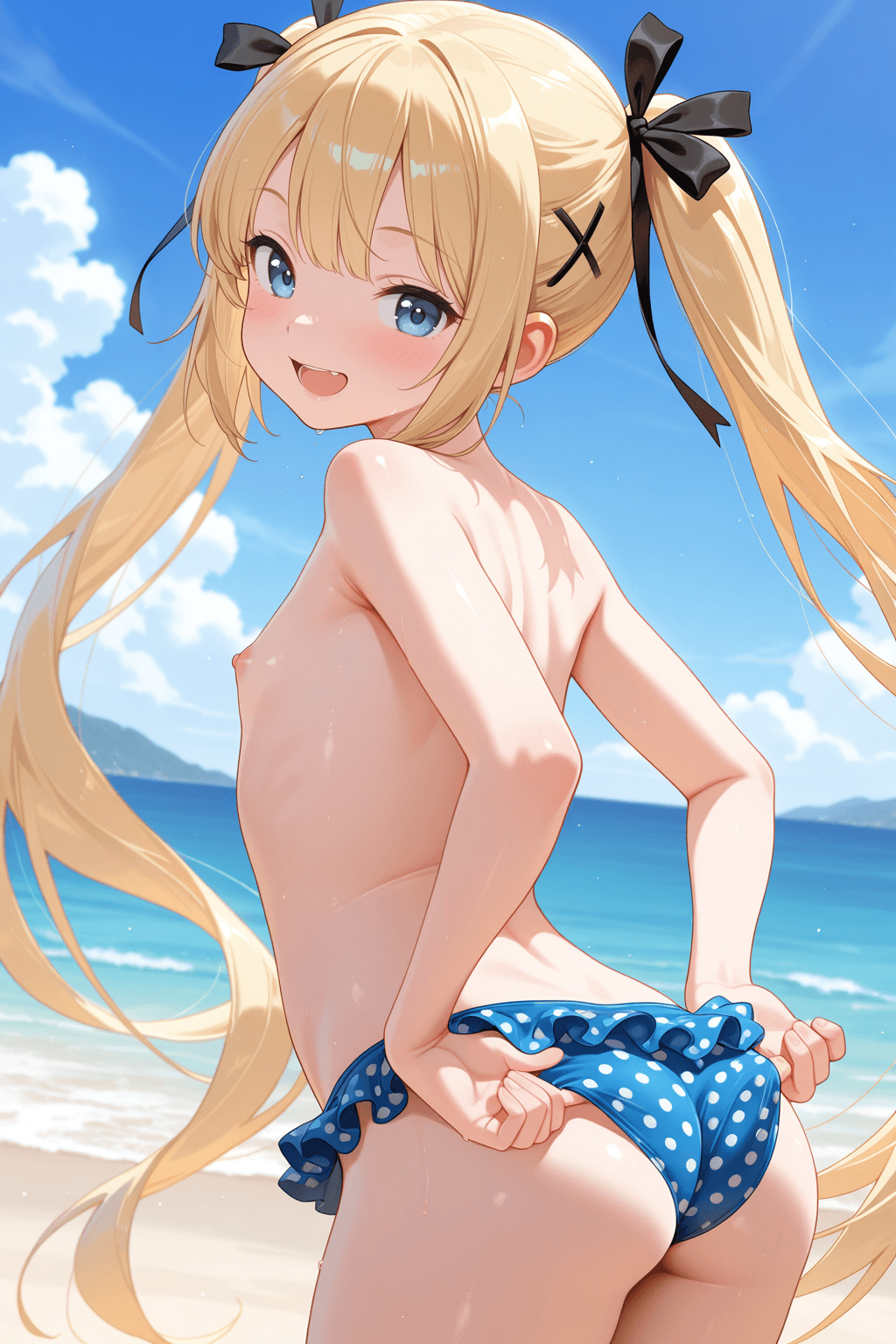 1girl, solo, long hair, breasts, looking at viewer, blush, smile, open mouth, blue eyes, blonde hair, hair ornament, ribbon, twintails, very long hair, nipples, swimsuit, hair ribbon, ass, bikini, thighs, small breasts, outdoors, frills, sky, day, fang, looking back, from behind, flat chest, loli, black ribbon, ocean, beach, topless, polka dot, x hair ornament, blue bikini, adjusting clothes, polka dot bikini, marie rose