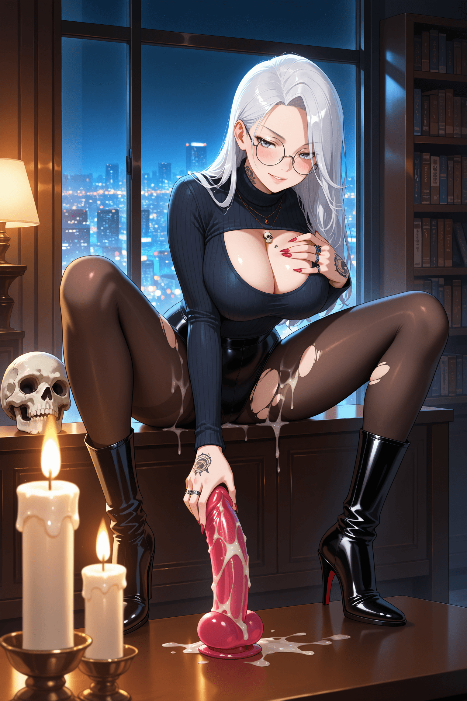 1girl, solo, adult, long hair, silver hair, white hair, gray eyes, round glasses, smirk, seductive, tattoo, neck tattoo, arm tattoo, hand tattoo, long nails, red nails, rings, necklace, pendant, sitting, leaning forward, spread legs, black turtleneck, turtleneck, long sleeves, ribbed, tight fitting, torn clothes, cleavage, large breasts, pantyhose, black pantyhose, torn pantyhose, cum, cum on pantyhose, holding dildo, dildo, licking dildo, hand on breast, hand on chest, fingers, high heels, boots, patent leather, indoors, night, room, bookshelf, lamp, candle, skull, table, cup, window, cityscape, city lights, skyscrapers, night sky, cinematic lighting, warm light, cool light, contrast