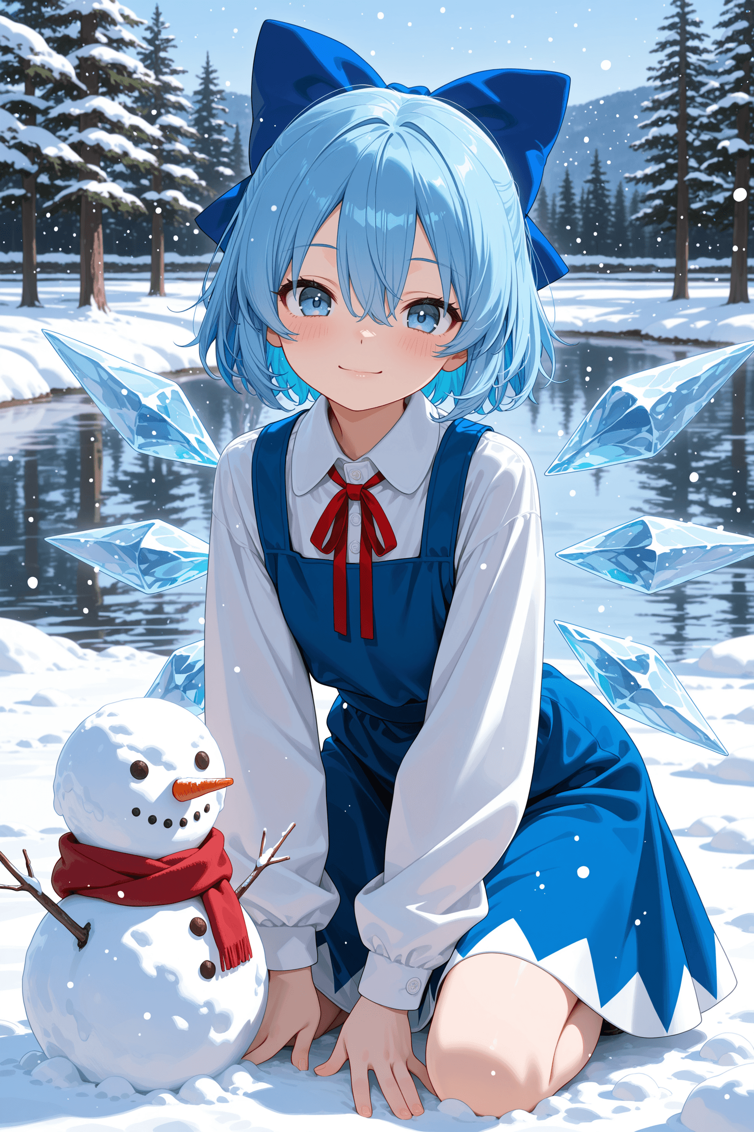 1girl, solo, looking at viewer, smile, short hair, bangs, blue eyes, shirt, long sleeves, dress, bow, ribbon, hair between eyes, closed mouth, blue hair, white shirt, hair bow, outdoors, wings, collared shirt, red bow, red ribbon, tree, kneeling, neck ribbon, blue dress, blue bow, snow, ice, snowing, pinafore dress, ice wings, winter, snowman, lake, cirno
