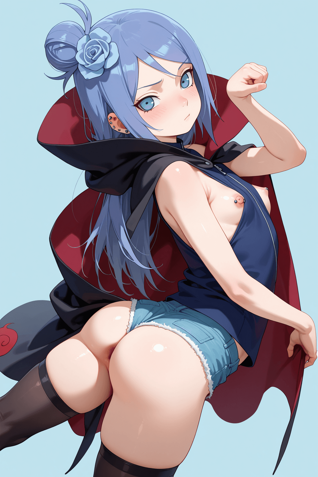 1girl, solo, konan, naruto (series), loli, small breasts, light blue hair, long hair, blue eyes, hair ornament, flower in hair, sleeveless, shorts, blue outfit, cloak, thighhighs, jack-o pose, ass, bare ass, nipple piercings, anal, semen, simple background