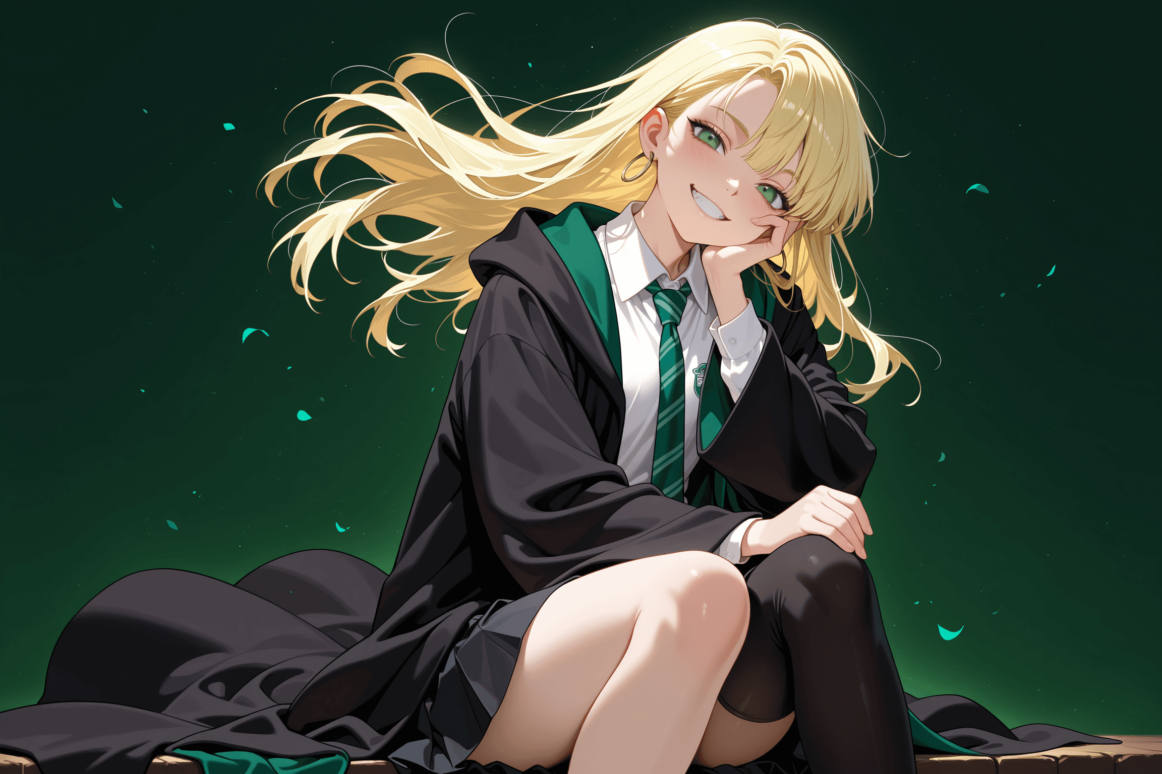 1girl, solo, draco malfoy, genderbend, harry potter, long hair, blonde hair, green eyes, bangs, looking at viewer, smile, grin, head tilt, hand on own face, hand on own cheek, sitting, floating hair, shirt, white shirt, collared shirt, open clothes, school uniform, hogwarts school uniform, pleated skirt, black skirt, necktie, green necktie, striped necktie, coat, black coat, thighhighs, black thighhighs, single thighhigh, long sleeves, earrings, hoop earrings, jewelry, slytherin, slytherin crest, simple background, dark green background, dark atmosphere