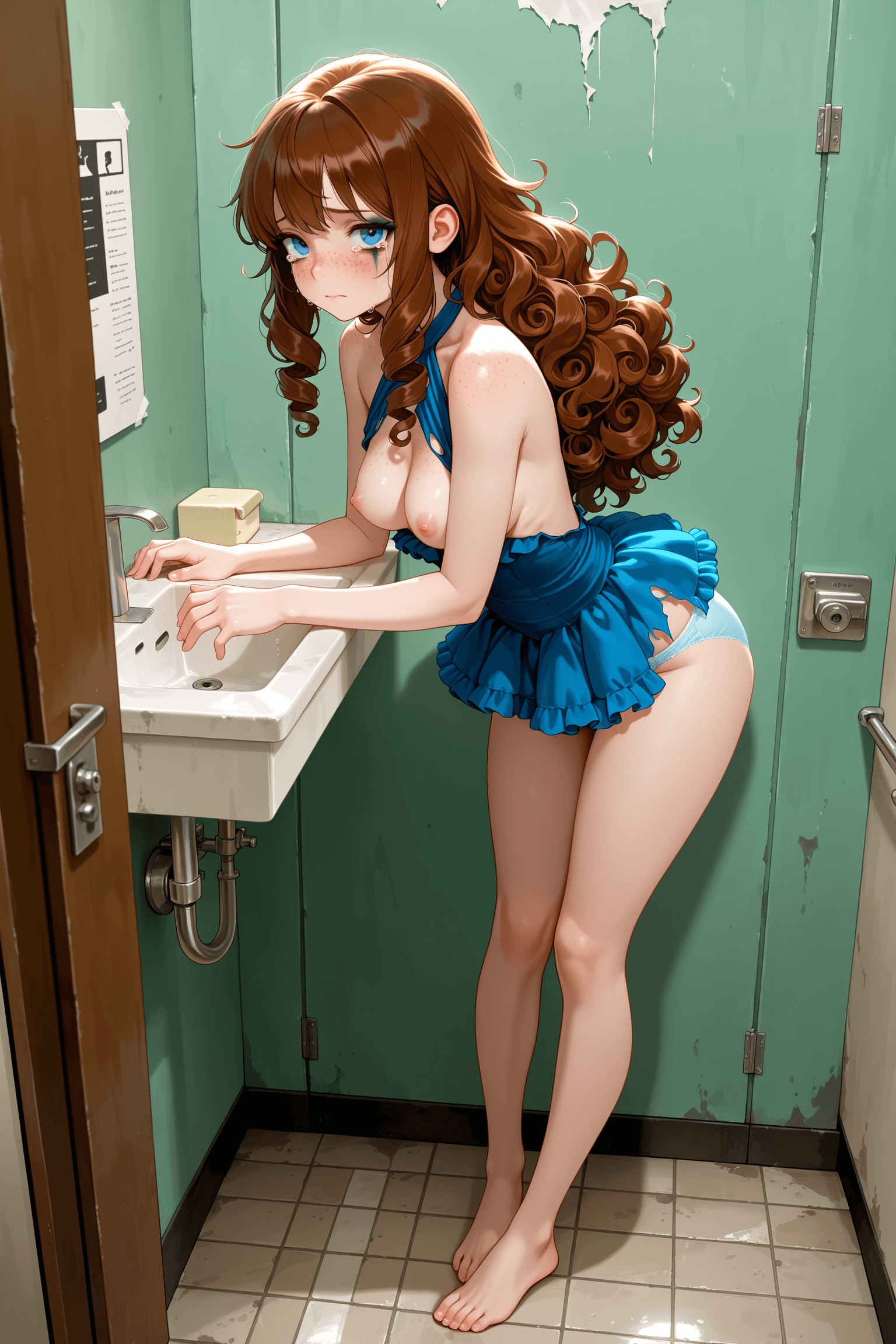 1girl, solo, adult, tall, slim, medium breasts, long hair, brown hair, curly hair, curly sidelocks, sidelocks, fluffy hair, blue eyes, freckles, sad, crying, tears, smudged eyeliner, smudged makeup, looking at viewer, from front, full body, halter dress, ruffle dress, mini dress, blue dress, frills, torn dress, torn clothes, slit, no bra, topless, bare breasts, nipples, panties, light blue panties, underwear visible, standing, leaning forward, hands on sink, sink, restroom, school, stall, bare legs, thighs, indoors, clean, modern, spotless
