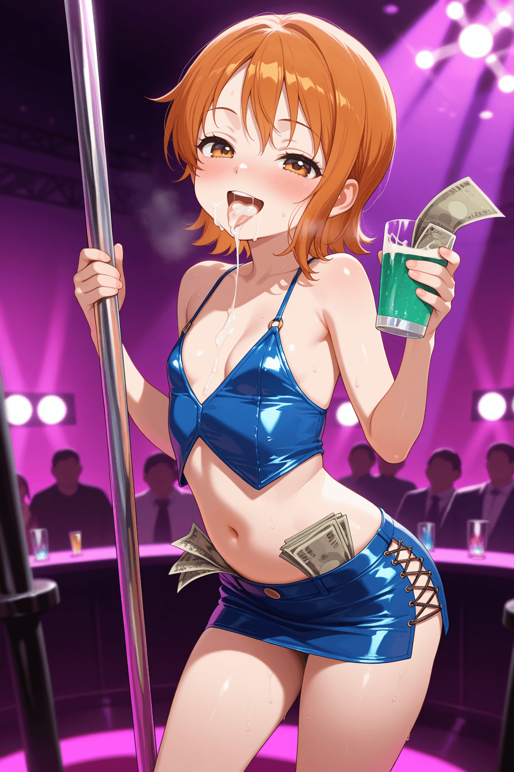 1girl, solo, nami, one_piece, loli, orange hair, short hair, wavy hair, orange eyes, revealing clothes, slutty outfit, crop top, miniskirt, cleavage, bare midriff, bare shoulders, thighs, money under clothes, paper money, standing, holding stripper pole, stripper pole, holding cup, drinking from cup, blush, smile, open mouth, cum in mouth, cum on lips, swallowing, cum, seductive, prostitution, indoor, club, stage, dim lighting, spotlight
