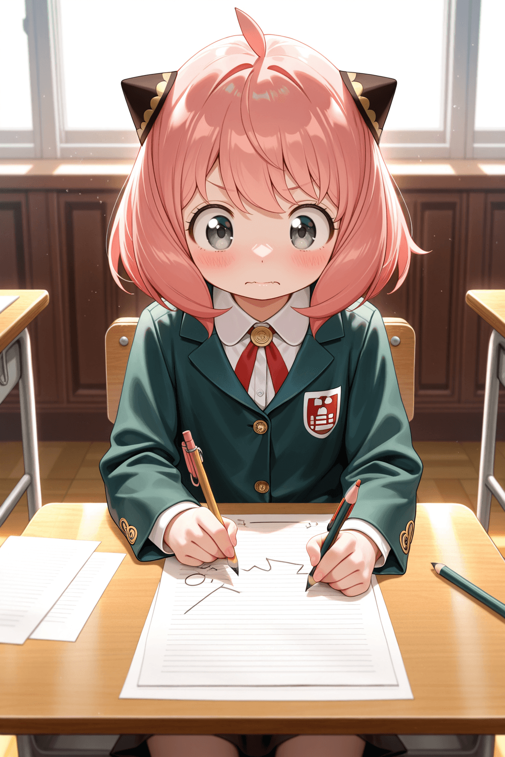 1girl, solo, anya forger, spy x family, pink hair, short hair, ahoge, bangs, green eyes, school uniform, blazer, skirt, sitting, school desk, classroom, taking test, writing, pencil, paper, indoors