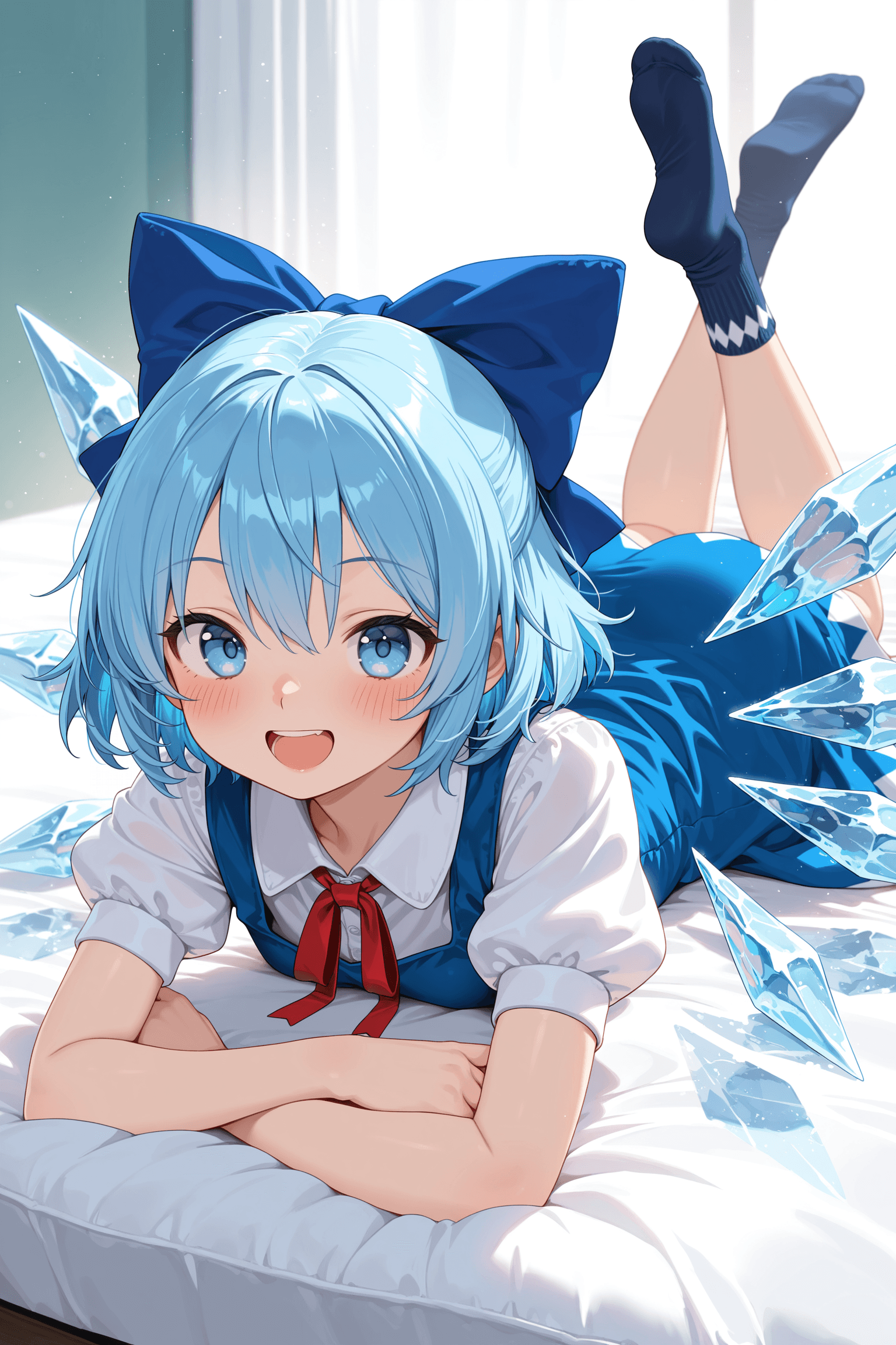 1girl, solo, looking at viewer, blush, smile, short hair, open mouth, blue eyes, dress, bow, blue hair, short sleeves, :d, hair bow, lying, wings, socks, puffy sleeves, blue dress, blue bow, no shoes, on stomach, ice, ice wings, cirno