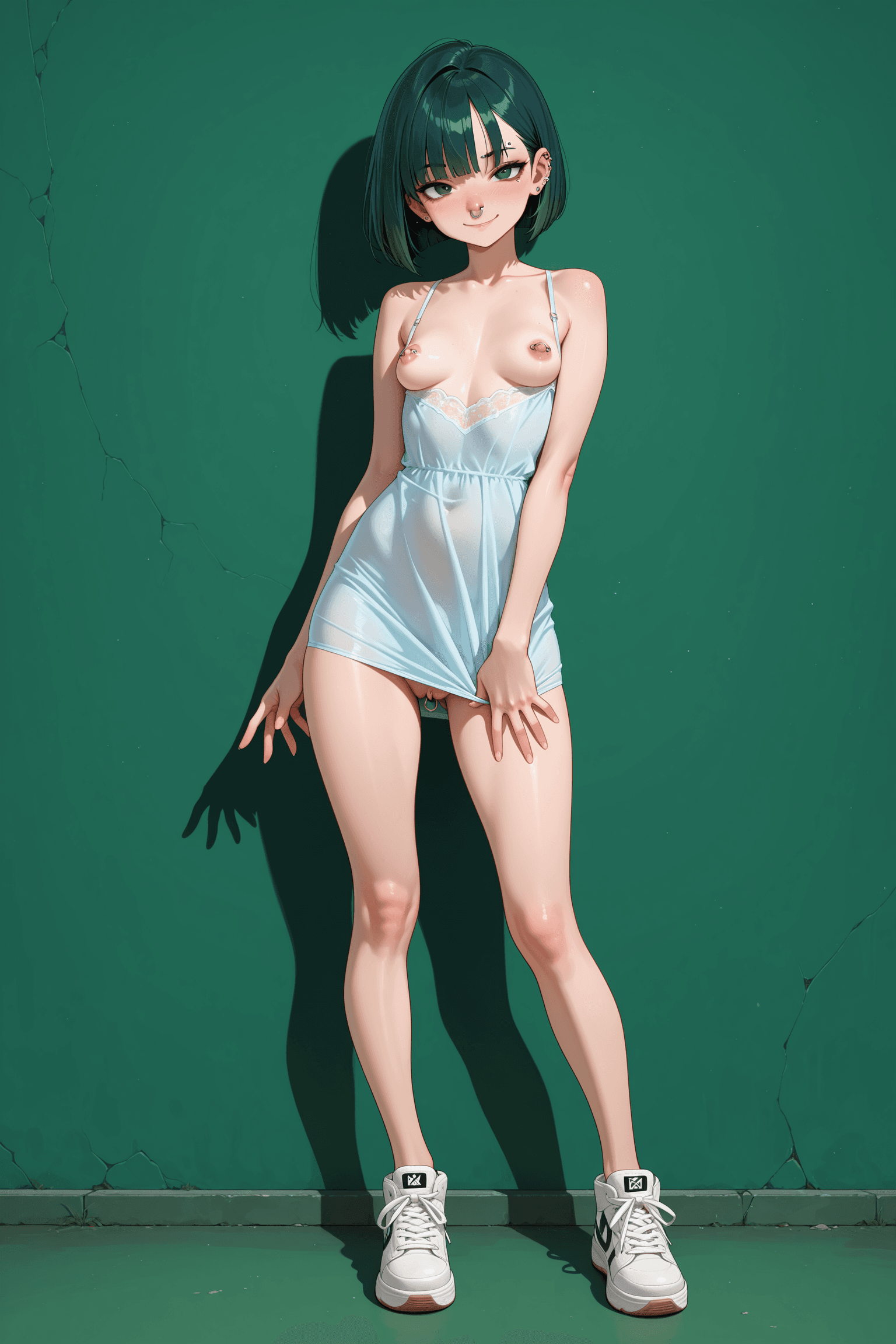 1girl, solo, dark green hair, bob cut, small breasts, perky breasts, nipple piercing, nose ring, eyebrow piercing, barbell piercing, clitoral piercing, perfect hands, hands, slip dress, lingerie, white sneakers, sneakers, standing, from front, looking at viewer, smile, full body, simple background