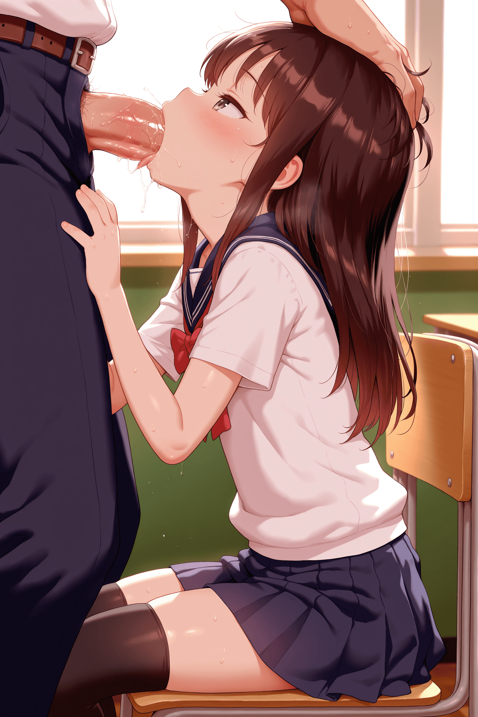 1girl, loli, petite, school uniform, pleated skirt, black thighhighs, sitting, sitting on chair, oral sex, deepthroat, giving oral, fellatio, penis in mouth, sucking, open mouth, tongue, saliva, lewd, indoors, classroom, school, chair, simple background