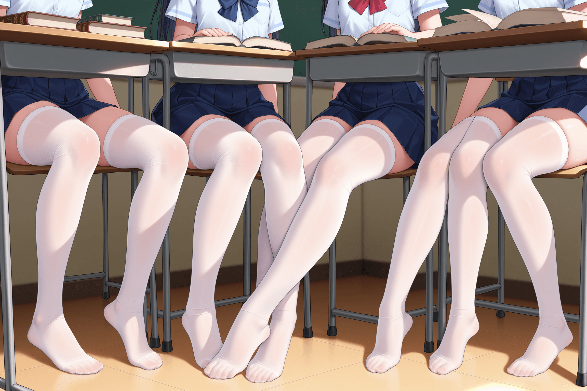multiple girls, school uniform, white thighhighs, white stockings, pantyhose, stockings, thighhighs, hosiery, shoeless, feet, legs, sitting, desk, books, classroom
