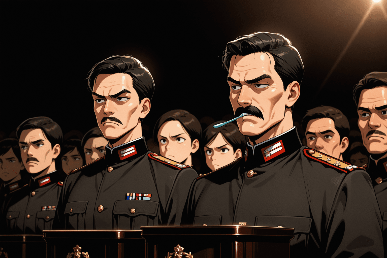 1boy, adult, dark hair, short hair, side part, neat hair, mustache, toothbrush mustache, dark eyebrows, thick eyebrows, high forehead, narrow face, prominent cheekbones, deep-set eyes, dark eyes, light skin, tense, serious, irritated, frown, looking away, standing, speaking, gesturing, military uniform, dark military uniform, podium, microphone, crowd, many people, black and white, monochrome, film grain, vintage, historical, dramatic lighting, high contrast
